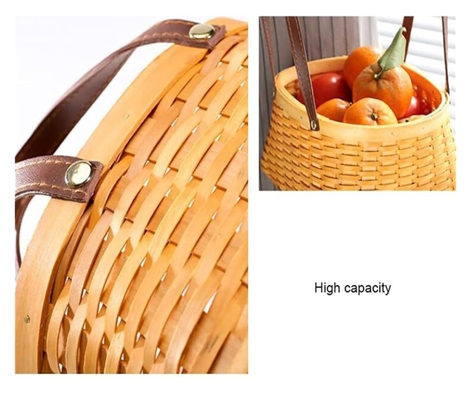 KanDuo Cestino da Picnic in Legno Intrecciato con Manico in Pelle – Cesto portaoggetti in Vimini e Paglia for Campeggio, pranzi all'aperto e Picnic(24 * 19CM)