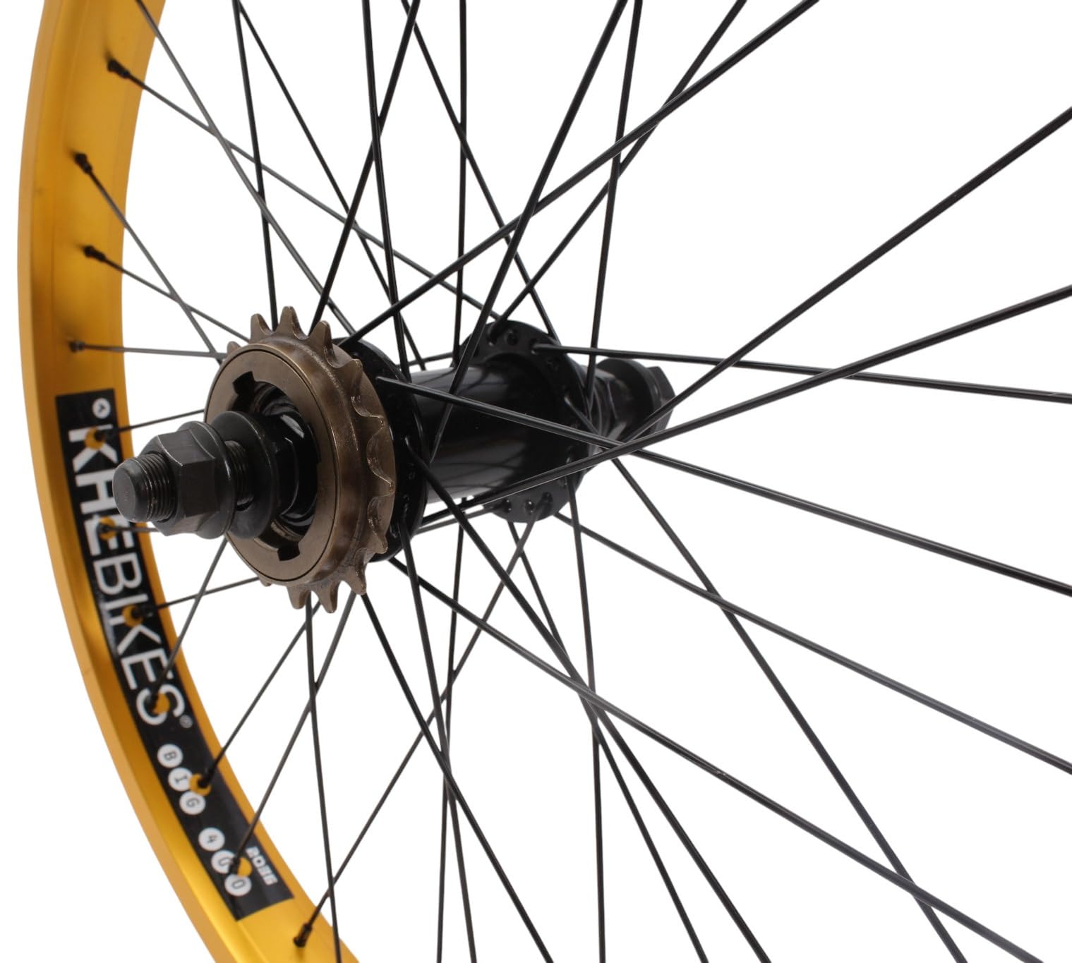 KHE Prism BMX tylne koło 20 cali – złote – oś 14 mm – zębatka 16T – 36H – 7005 aluminiowa felga 38 mm – rower biegowy BMX z tyłu