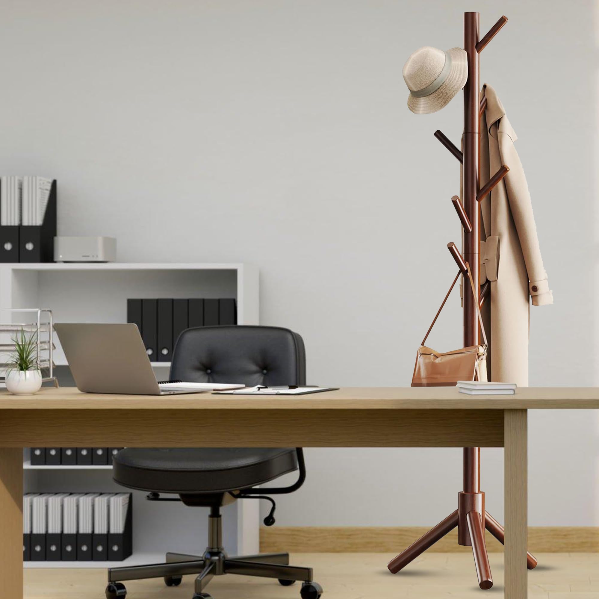 Bayt Attaccapanni da Terra Regolabile 175 cm – Appendiabiti Verticale in Legno Marrone con 8 Ganci, Design Salvaspazio e Moderno per Ingresso, Camera o Ufficio