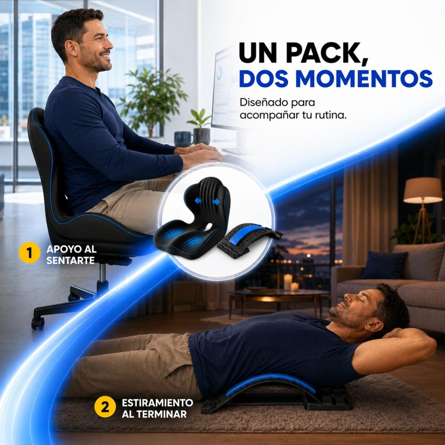 Pack cojín ergonómico y estirador Lumbar Ajustable