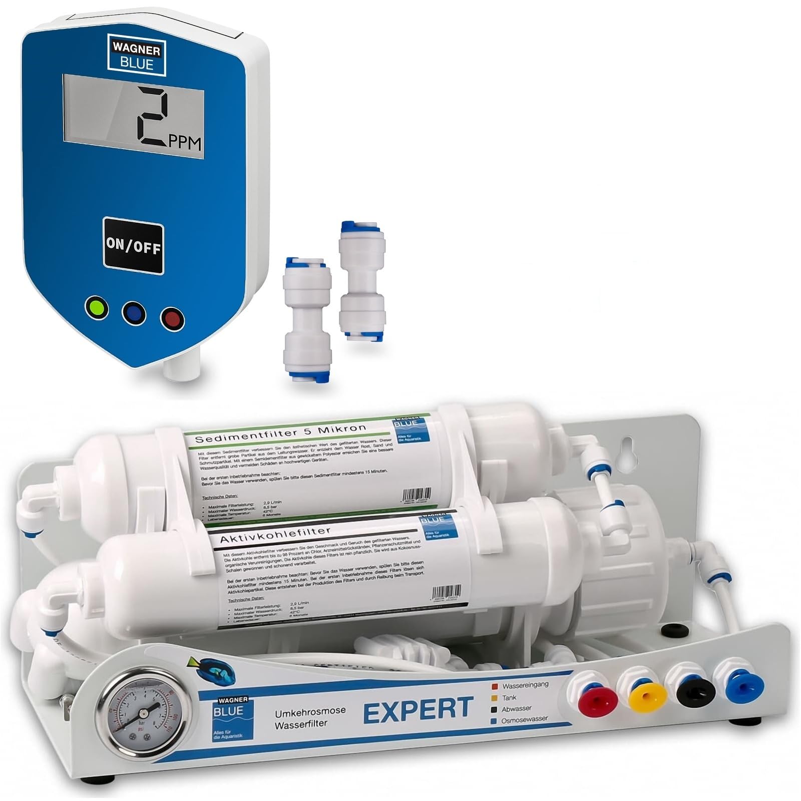Wagner Blue Umkehrosmose Wasserfilter EXPERT 50 GPD (190 Liter/Tag) inkl. Inline-TDS Wassertester | 3 stufige Osmoseanlage für Aquarium | Professionelle Wasserfilter zur Herstellung von Osmosewasser