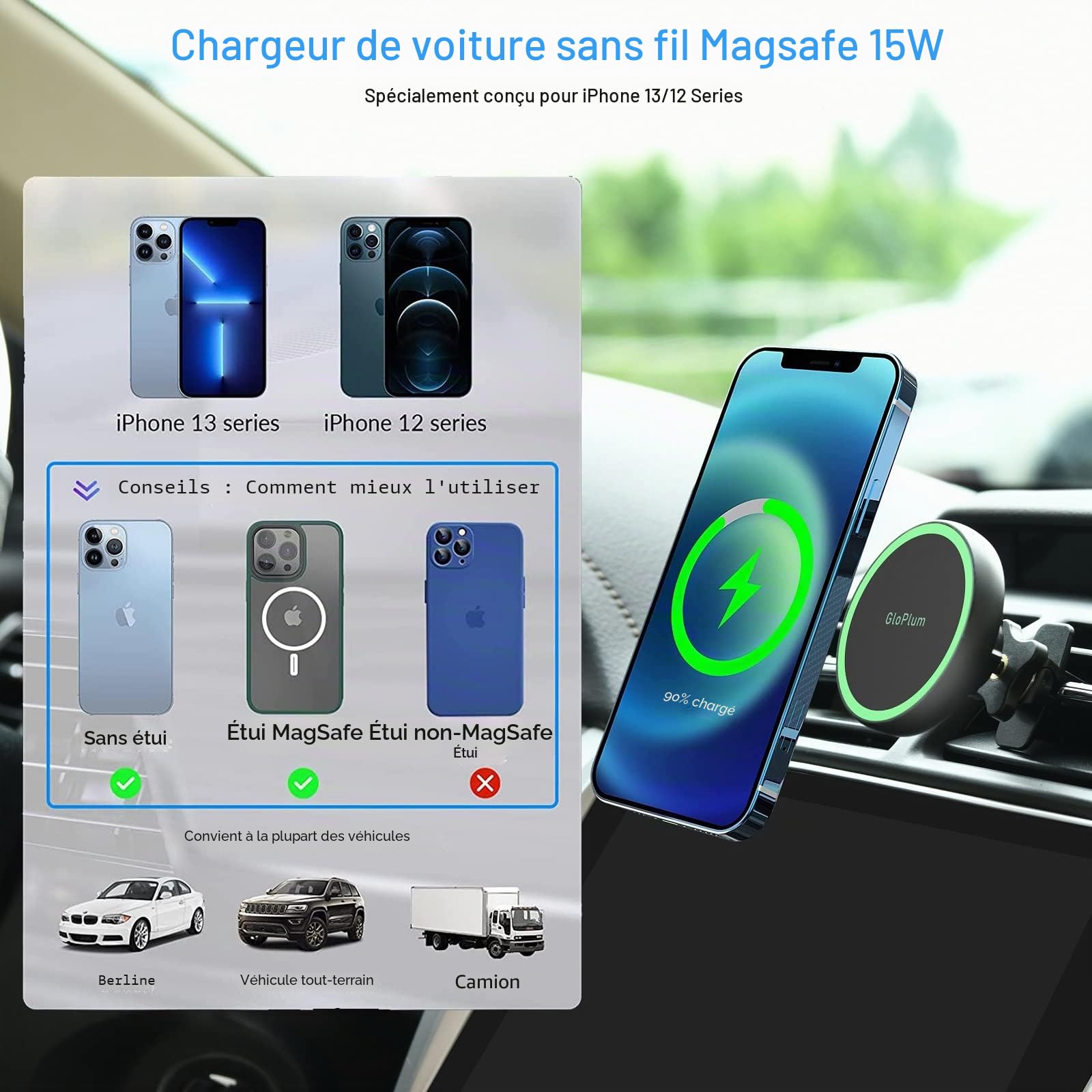 15W avec Support de Chargeur de Voiture sans Fil magnétique Compatible avec Le Chargeur Magsafe Voiture, pour iPhone 13/12 Pro Max Mini