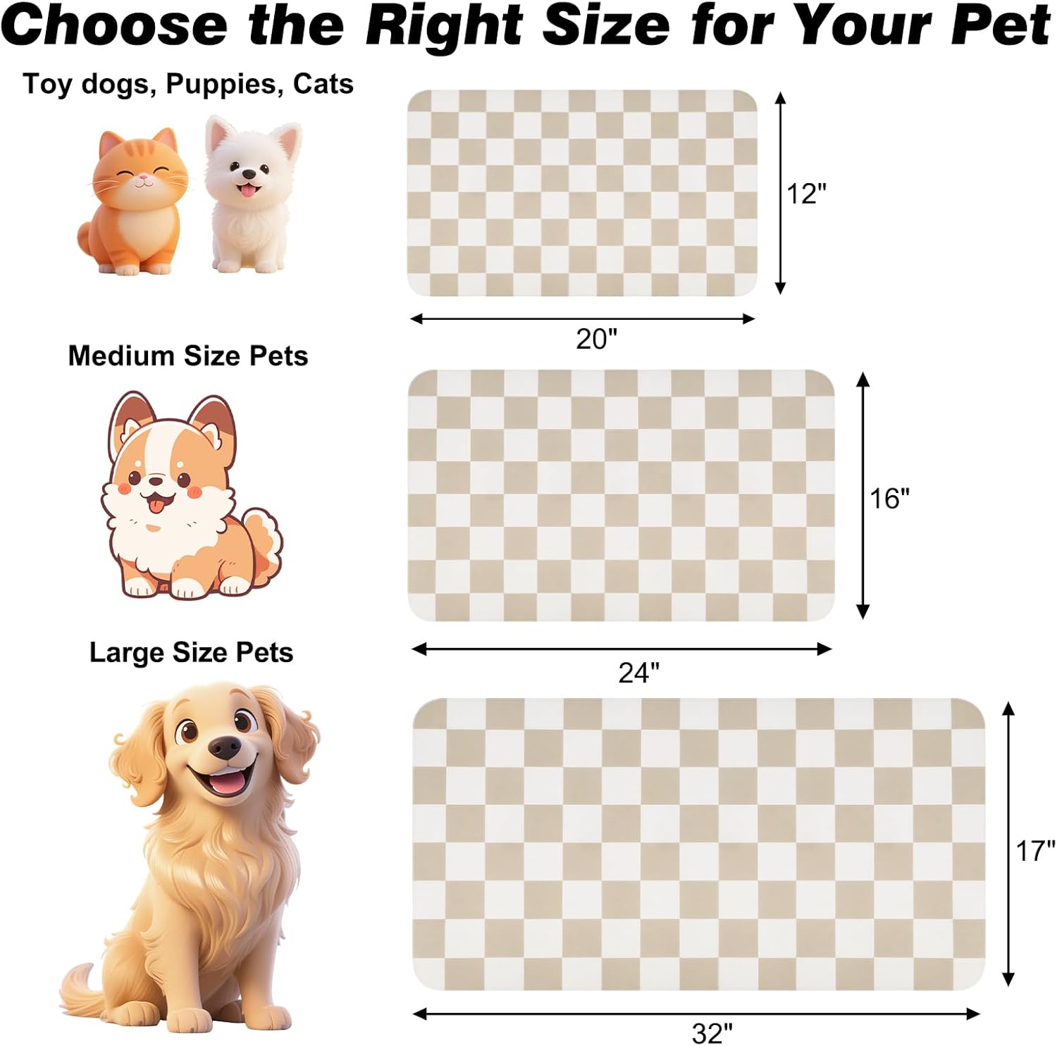 Checkered Dog Food Mat, Absorbent Leak-Proof Pet Feeding Mat, Quick Dry Cat Food Mat for Messy Drinkers 12" x 20" Khaki - Image 2