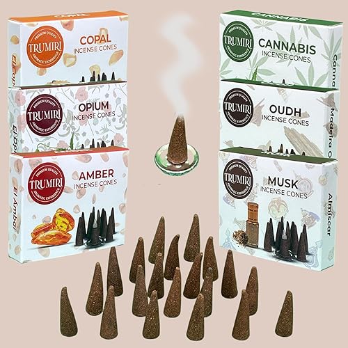 Miniatura 7 de Trumiri Conos de incienso exóticos, paquete variado, total de 60 conos de incienso (6 aromas x 10 conos) - Copal, Oud, almizcle, ámbar - aromas de