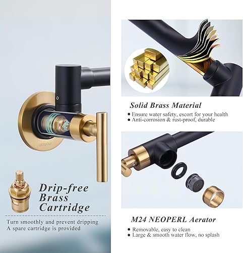 Miniatura 5 de WOWOW Grifo de llenado de ollas de oro negro y comercial, grifo de estufa de montaje en pared, grifo plegable de latón sobre la estufa, grifo de