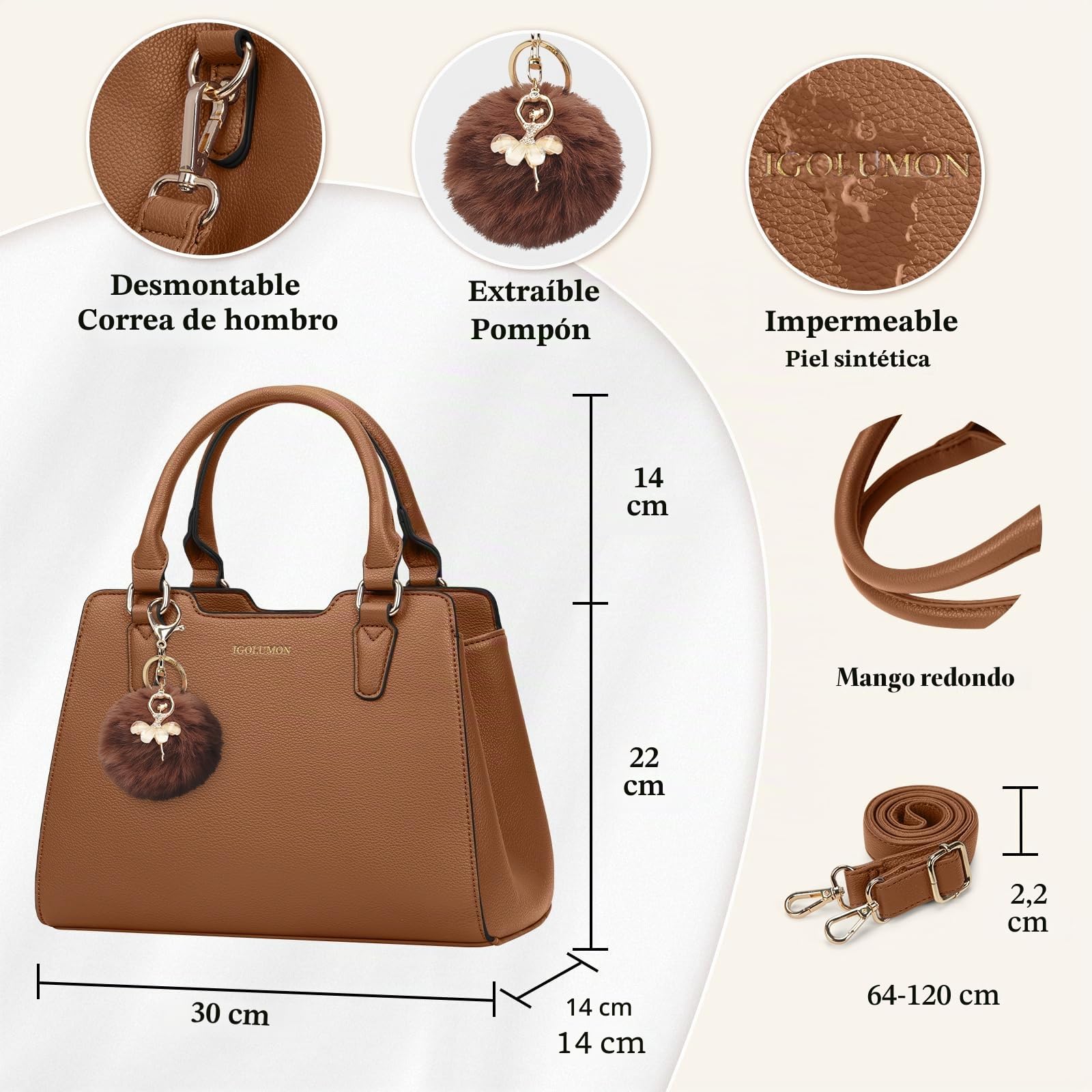 IGOLUMON Bolsos de Mano Piel para Mujer para Universitarias Trabajo Bolso Bandolera Universidad Marca Bolsa Outlet Marca Tote Bag Negro Marrón