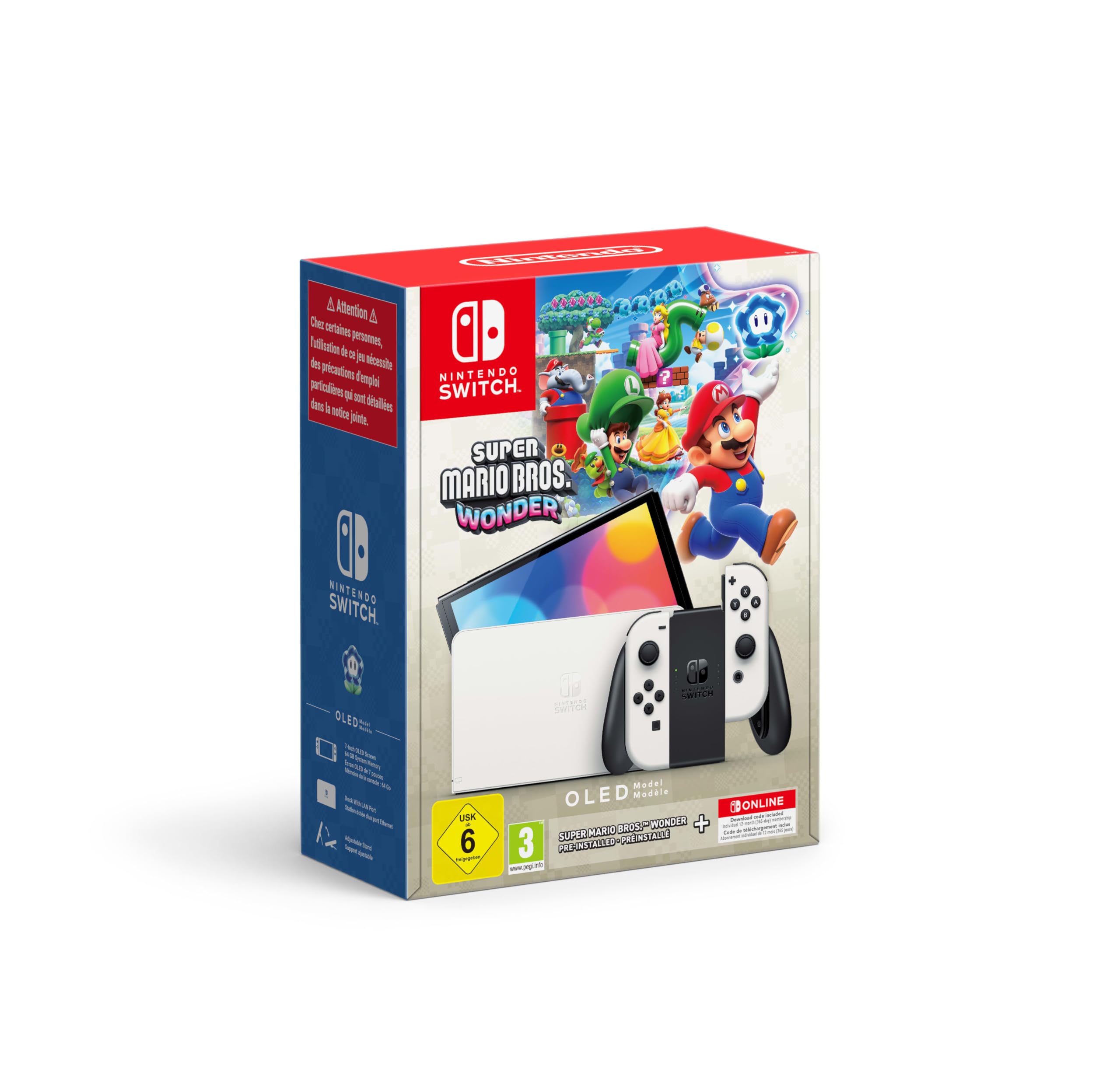 Nintendo Console Switch OLED (bianco) con gioco Super Mario Bros. Wonder preinstallato e abbonamento 12 mesi Switch Online