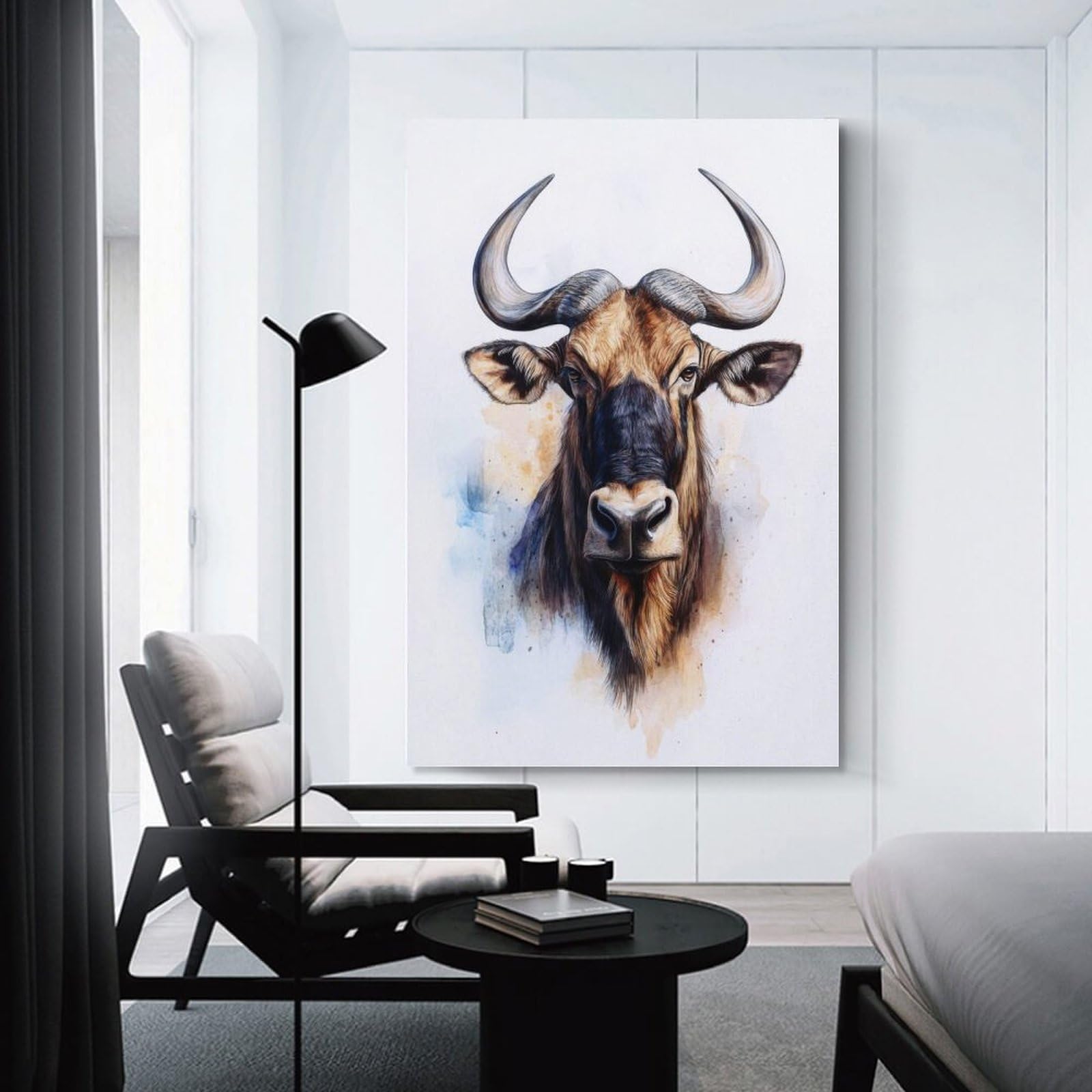Junmoney Canvas Wall Art Wildebeest Watercolor Portrait, 24x36inch(60x90cm), for New Homes, Bedrooms Or Workspaces, Canvas Artwork with Gifting Potential