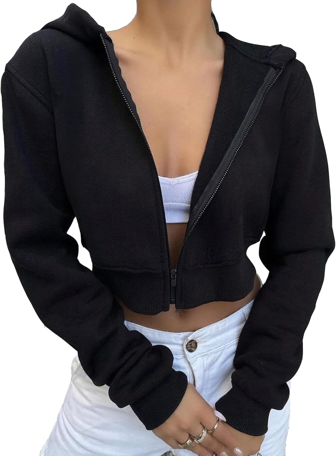 Remidoo Women's Zip Up Cropped Hoodie Crop Top Sweatshirt Drawstring Long Sleeve Jacket - Image 2