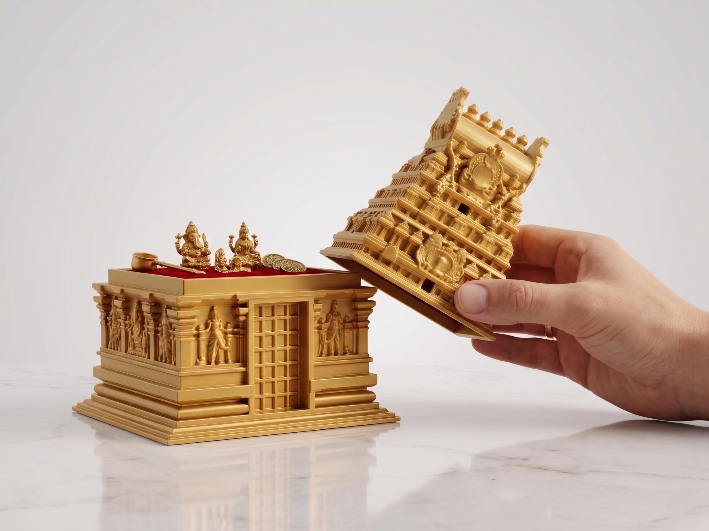Divine Gopuram Box | Temple Storage Box | Puja | Roli | Chawal | Chandan | Haldi | Kumkum Puja Box | Sindoor | Turmeric | Dabbi | Dibbi | Dhani | Dani Lid Holder Pack of 1-image-43