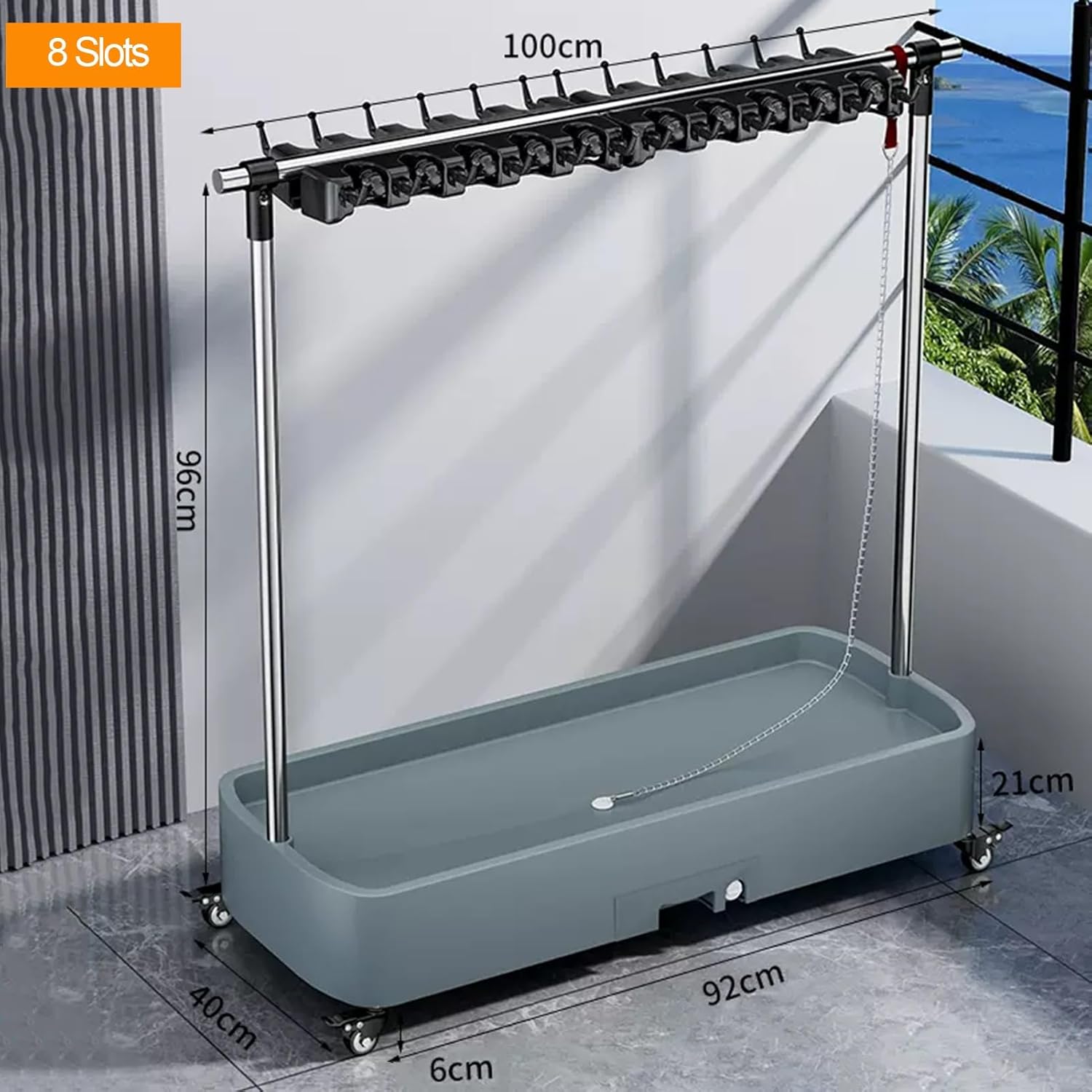 Commercial Mop Rack, Broom Holder Organizer, Cleaning Caddy On Wheels, Floor-Mounted Mop Bucket, Freestanding Broom Closet Cabinet (Color : White, Size : 92x40x96cm(8slots))