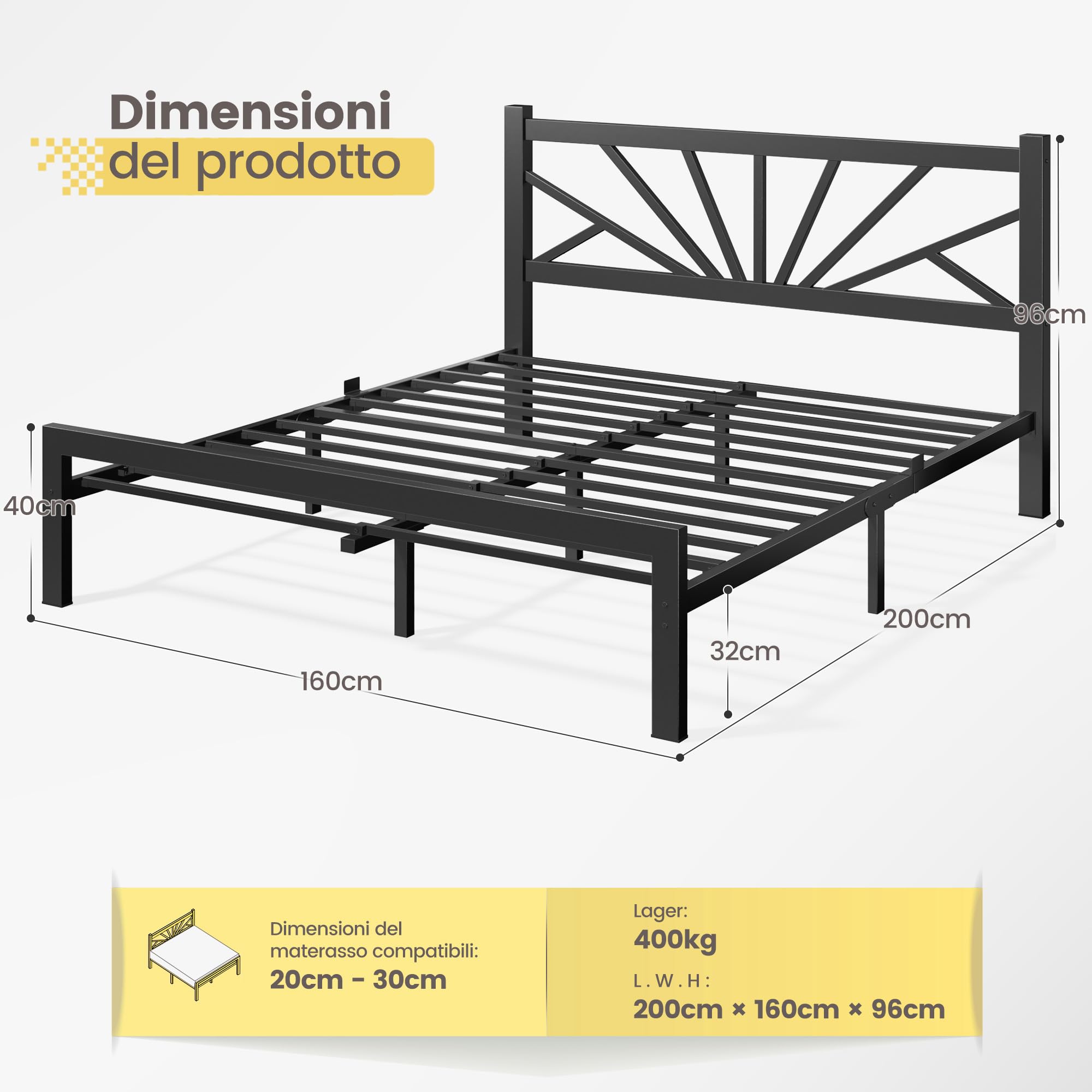 Letto in metallo 160x200 cm con rete a doghe, rete metallica, portata 400 kg, testiera 100 ​​cm, spazio contenitore sotto il letto, non necessita di materasso a molle, moderno nero