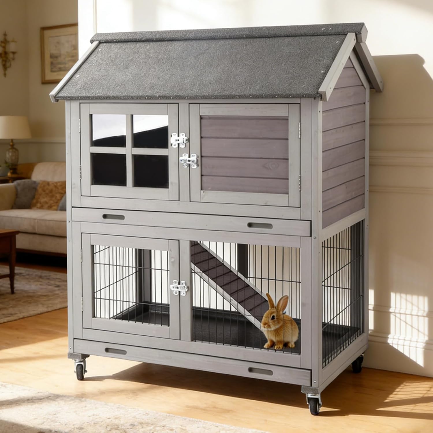 Rabbit Hutch Indoor Outdoor, Mobile Rabbit Cage with Wheels, Wooden Bunny Hutch with Leakproof Trays and Waterproof Roof, 2-Story Guinea Pig Cage