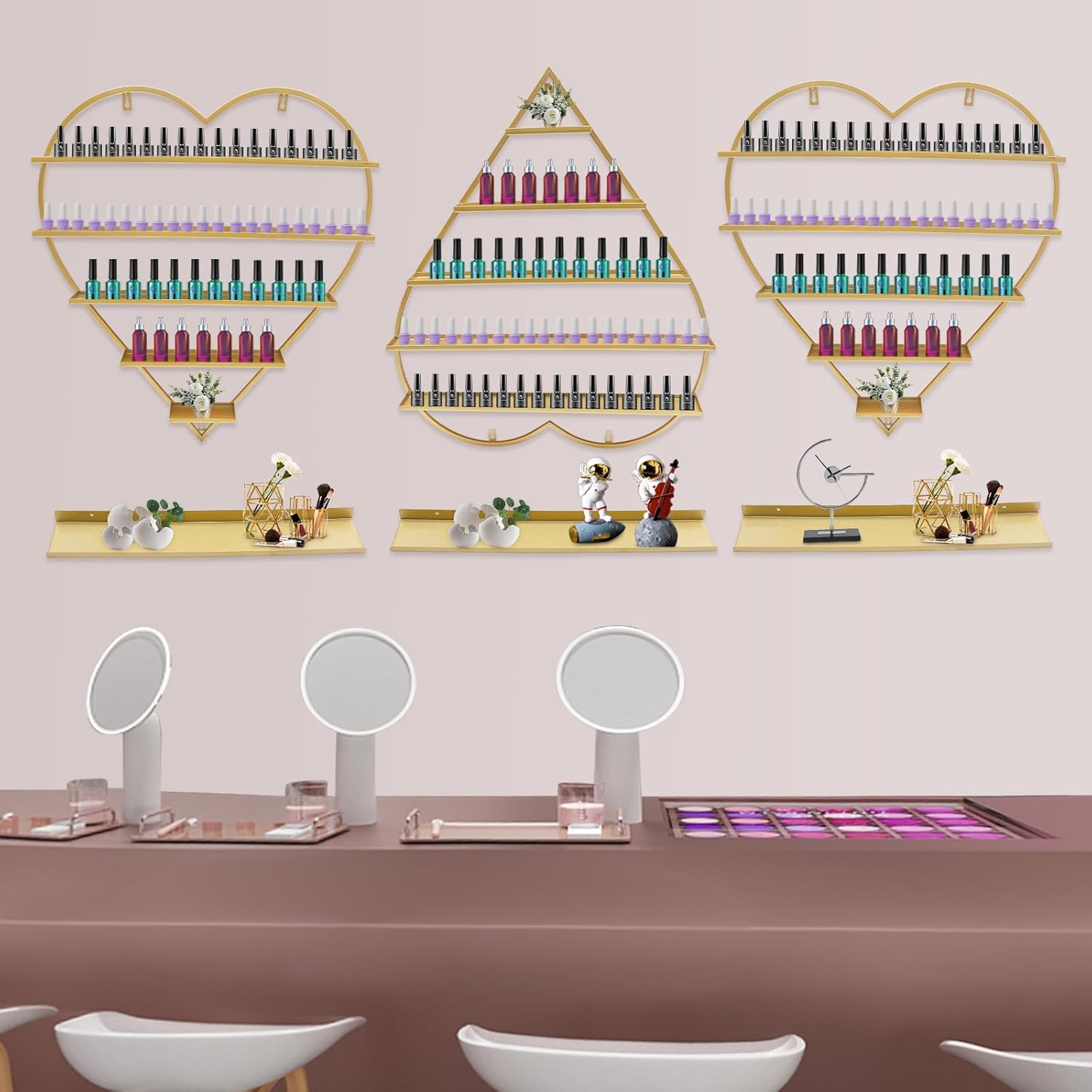 Nail Polish Display Racks 6pcs Metal Solid Color 5 Tiers Nail Polish Shelf Elegant Wall-Mounted Heart-Shaped Perfume Wall Shelf for Lipstick Perfume Nail Polish Essential (Gold)