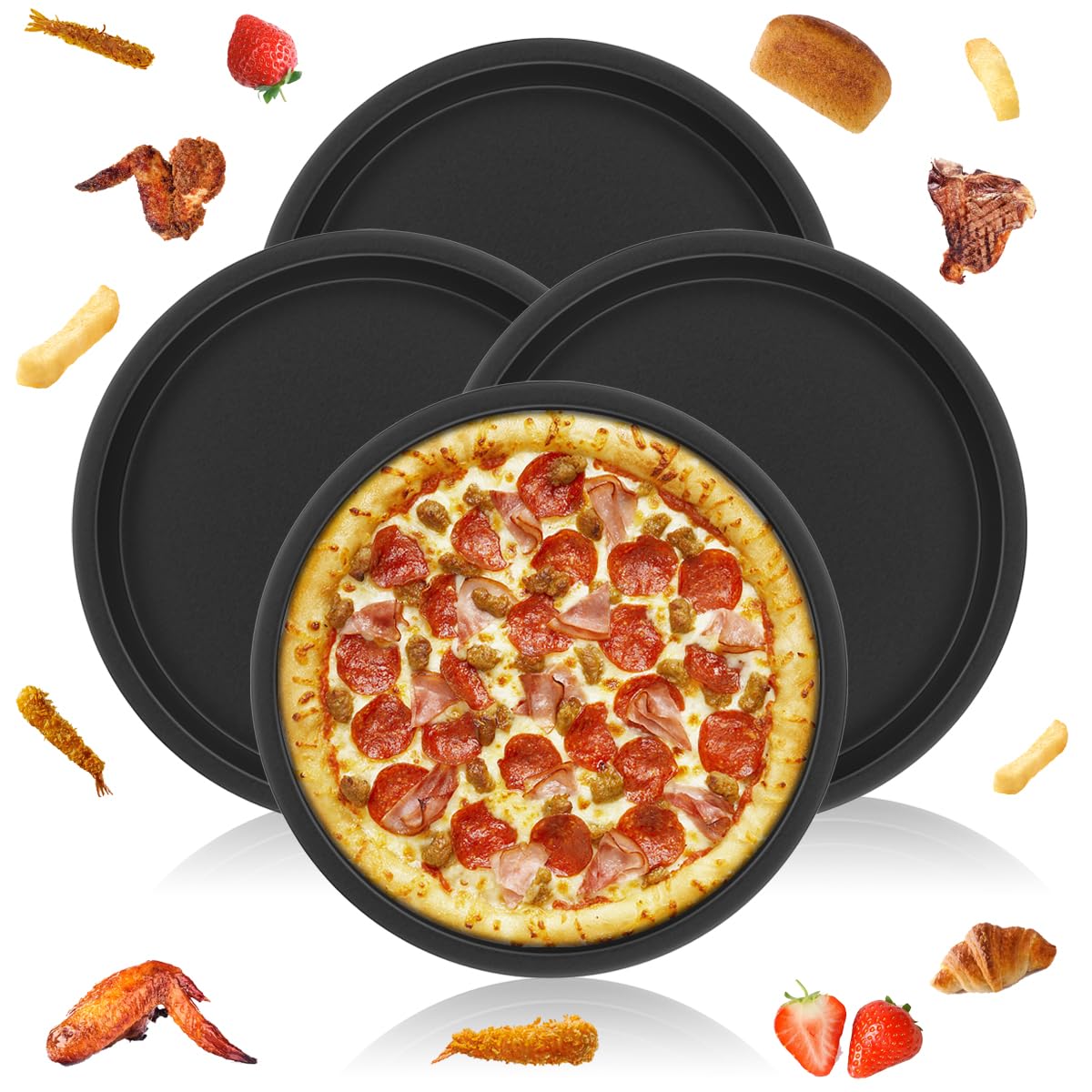 XSHAO® 4 piatti per pizza, rotondi, 18 cm, in acciaio al carbonio, con rivestimento antiaderente per pizza, torte di fiamma, torte