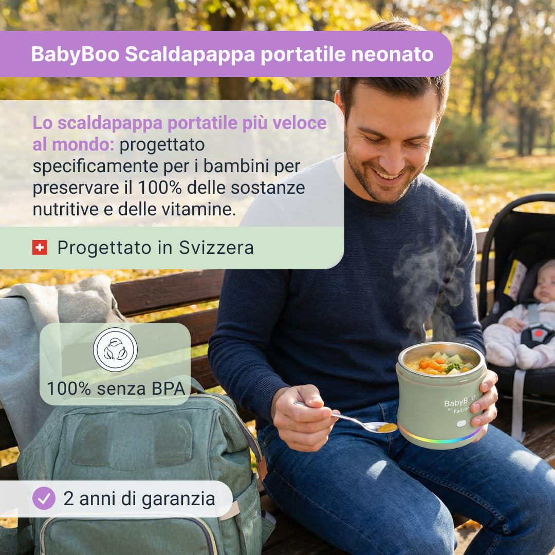 BabyBoo Scaldapappe Portatile – Scaldabiberon e Pappa con Batteria, Controllo App, Riscaldamento Rapido 70W, Anello LED, fino a 45°C, Vaschetta Rimovibile, USB-C – Casa e Viaggio