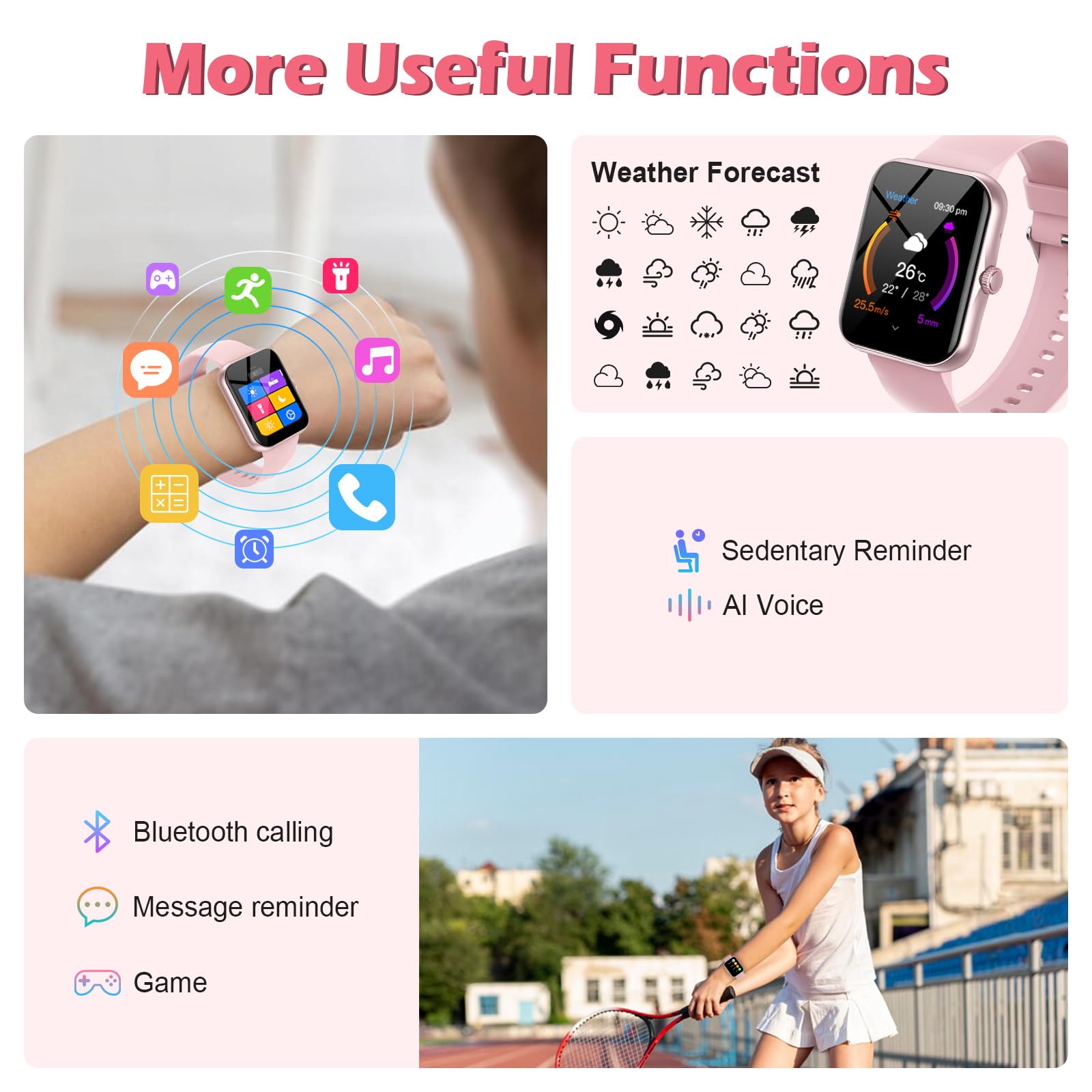 Orologio Smartwatch per Bambini, 1.8" Intelligente Fitness Tracker per Ragazzi Ragazze con 100+ Modalità Sportive, Contapassi, Sveglia, Sonno, Giochi, Smart Watch per Bambino Ado 5-16 Regalo, Rosa