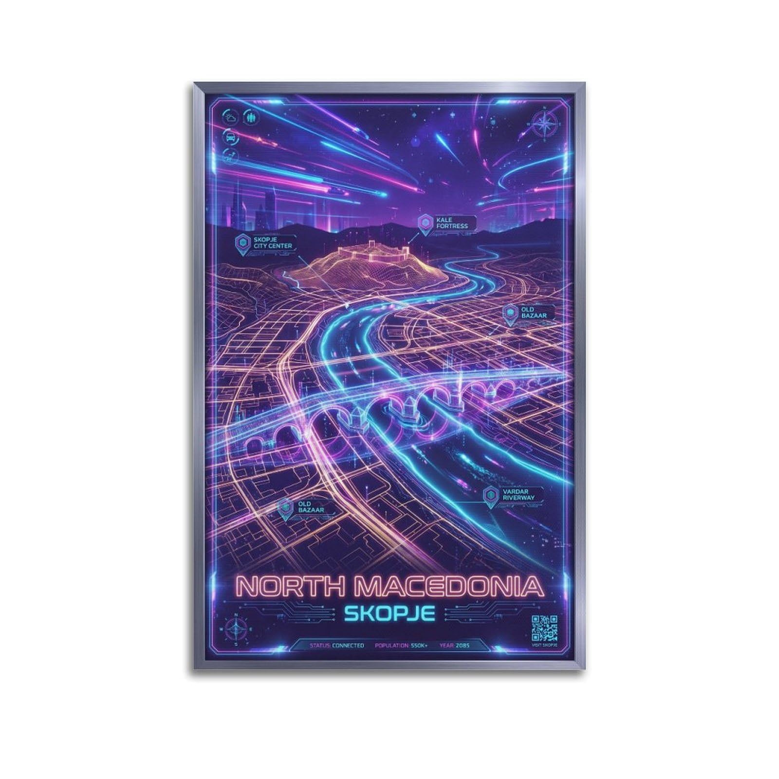 OKAHYS Skopje North Macedonia Neon City Synthwave Map Poster Modern Decorative Canvas Prints - Ideal Wall Art for Family, Man Cave, Game Room, Boys & Girls Bedroom 24x36inch(60x90cm)