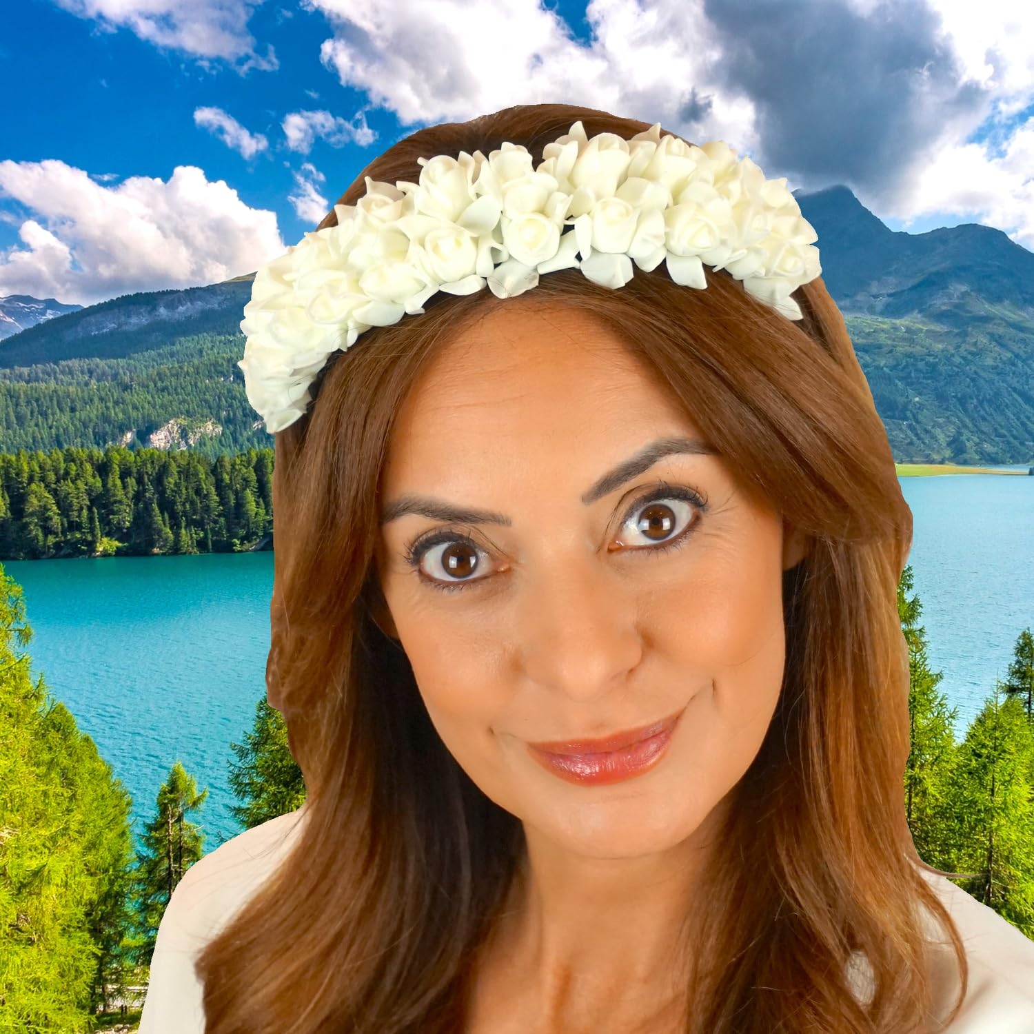 Kwiatowa opaska do włosów "BIANCA" z białymi kwiatami, na wesele, komunię, Oktoberfest, wiosnę