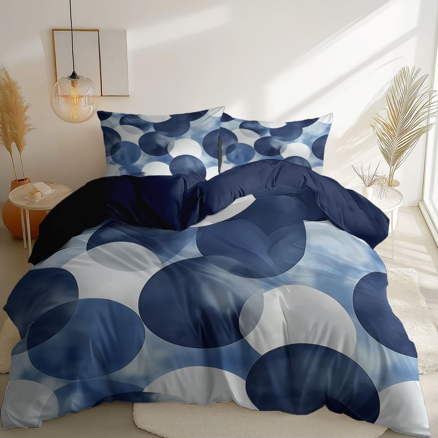Marineblau Bettwäsche 155x220 cm 3tlg, Schlafzimmer Deko Bettbezug und 2 Kissenbezug 80x80 cm, Zeitgenössisch Abstrakt Geometrisch Kreise Deckenbezug mit Reißverschluss, Weich Mikrofaser