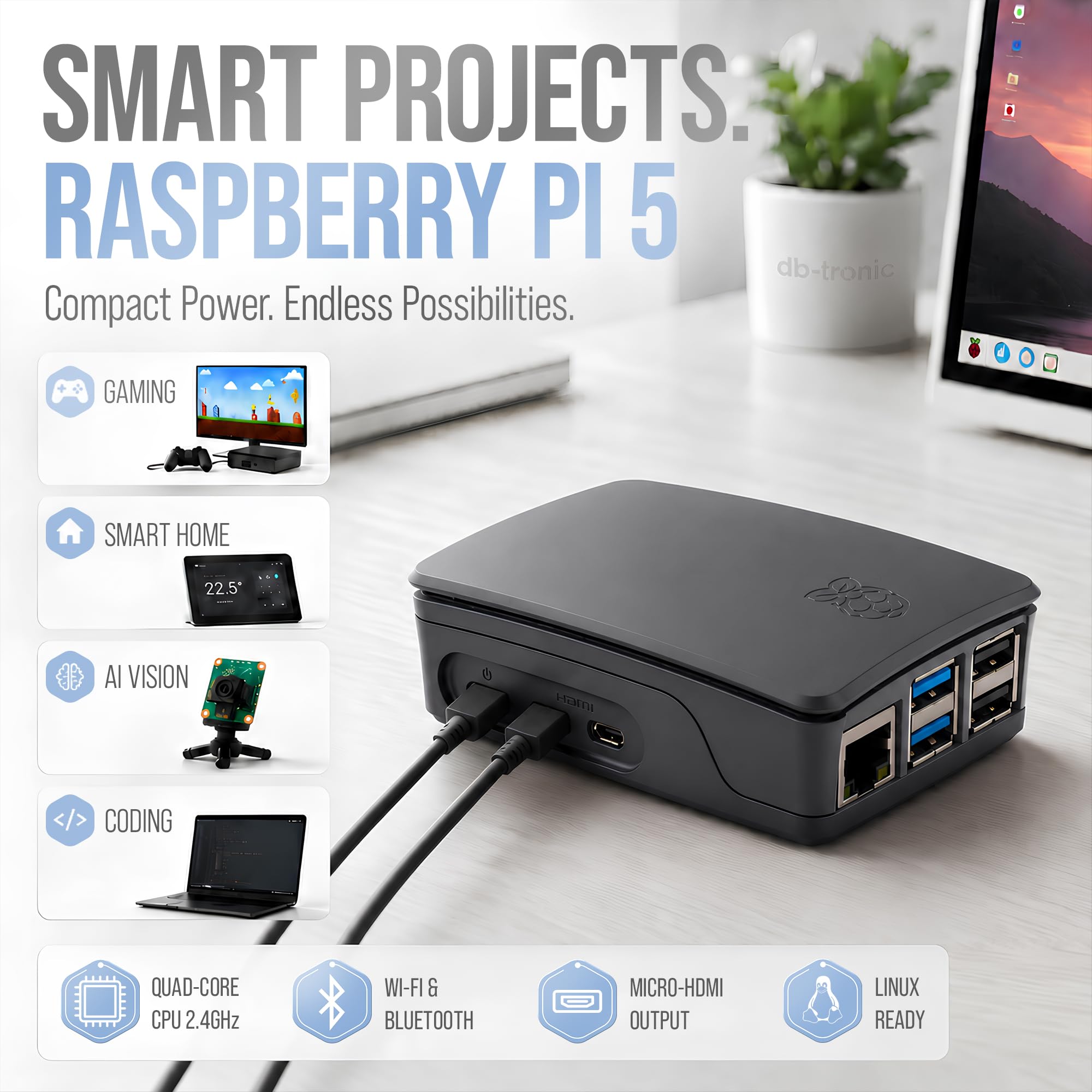 db-tronic Raspberry Pi 5 8 GB Starter Kit | Czarna edycja 64 GB | Zasilacz 27 W | Obudowa z wentylatorem | Micro HDMI 4K | idealny do Home Assistant i smart home