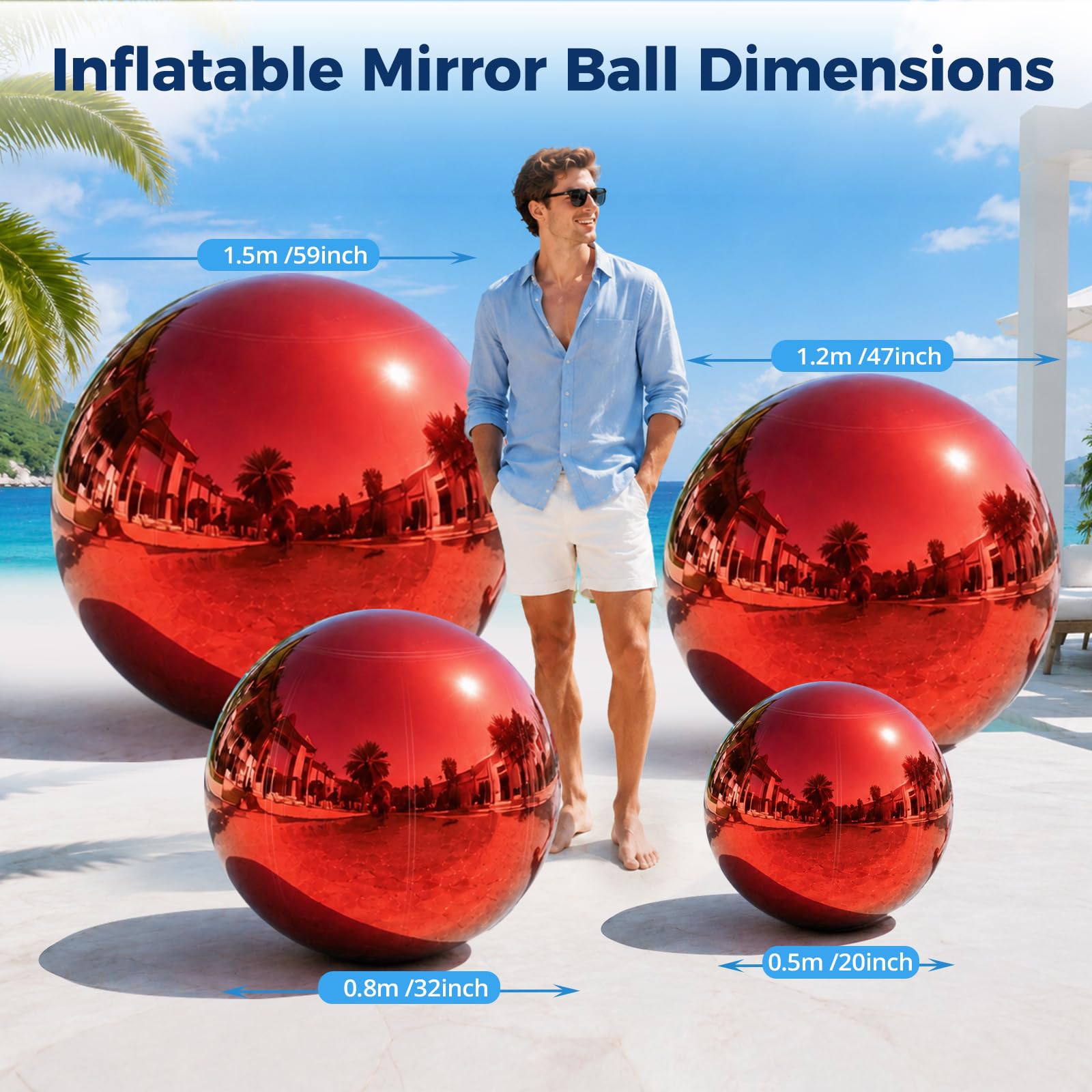 Lot de 4 boules de Noël gonflables réutilisables en PVC pour fête, mariage, décoration (contient une pompe électrique de 0,5 m/0,8 m/1,2 m/1,5 m/600 W) Rouge