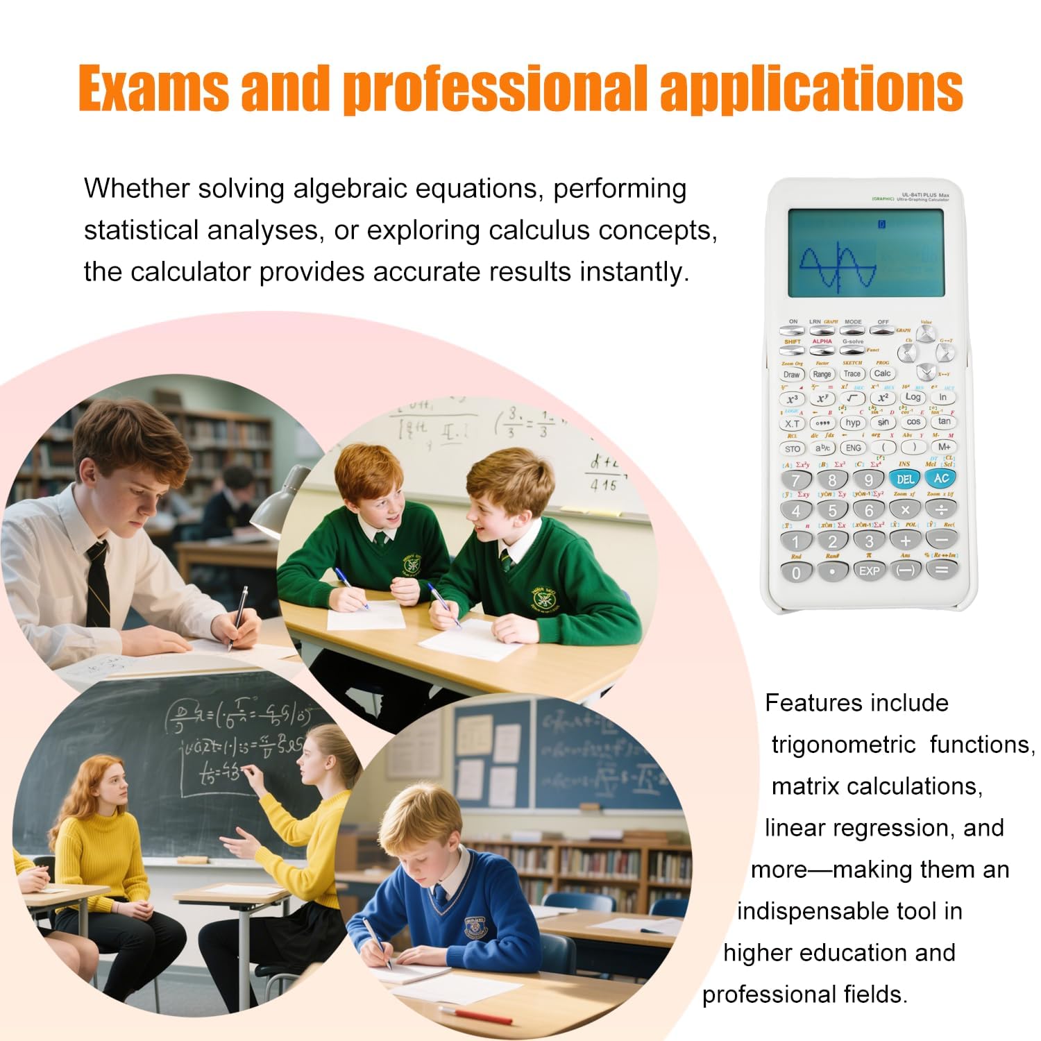Calculadora Gráfica Científica con 360 Funciones - para Gráficos, Estadística, Álgebra y Cálculo, Pantalla 10+2 Dígitos, Ideal para Estudiantes y Oficina (Color Blanco)