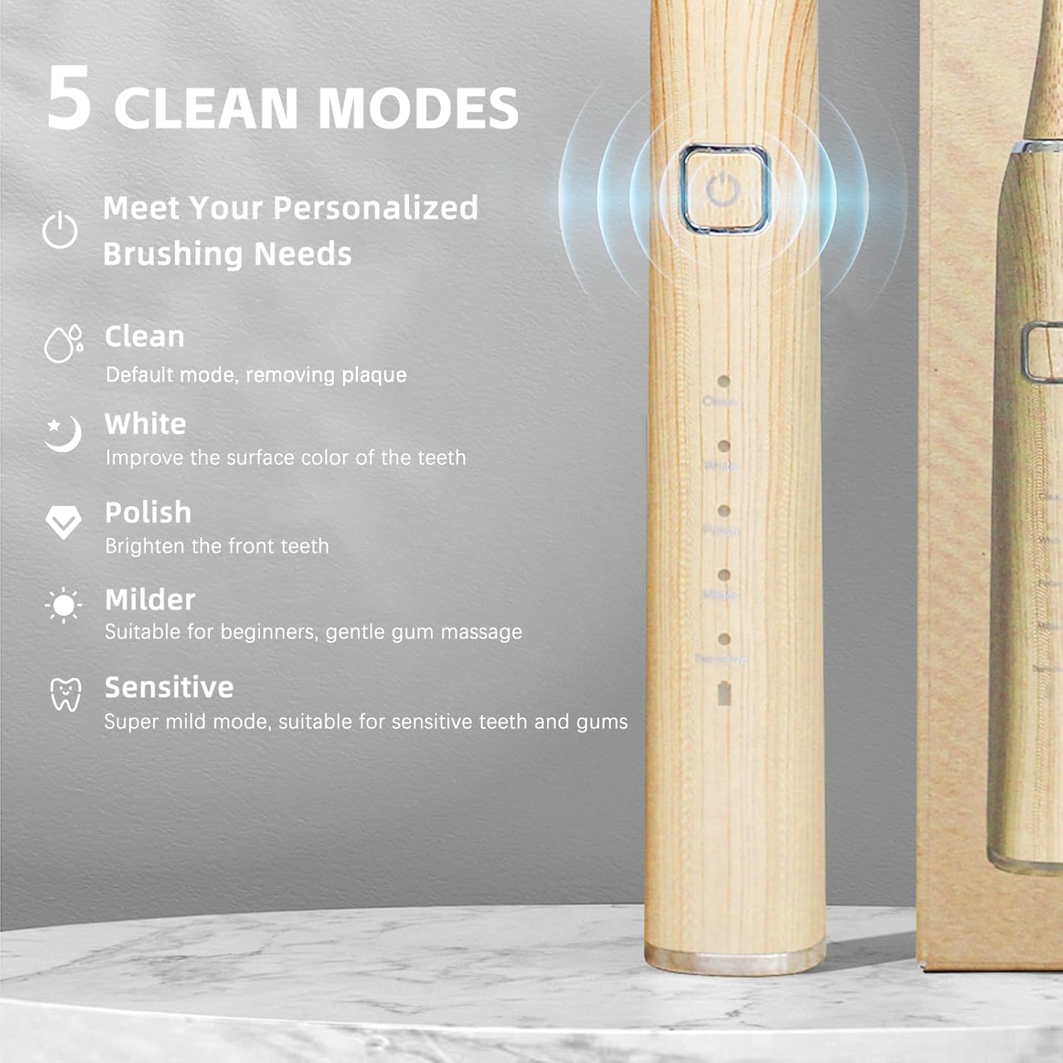 Bamboo Electric Toothbrush for Adults, Rechargeable Electric Bamboo Toothbrushes, with 3 Replaceable Bamboo Toothbrush Heads, IPX7 Waterproof & 5 Cleaning Modes