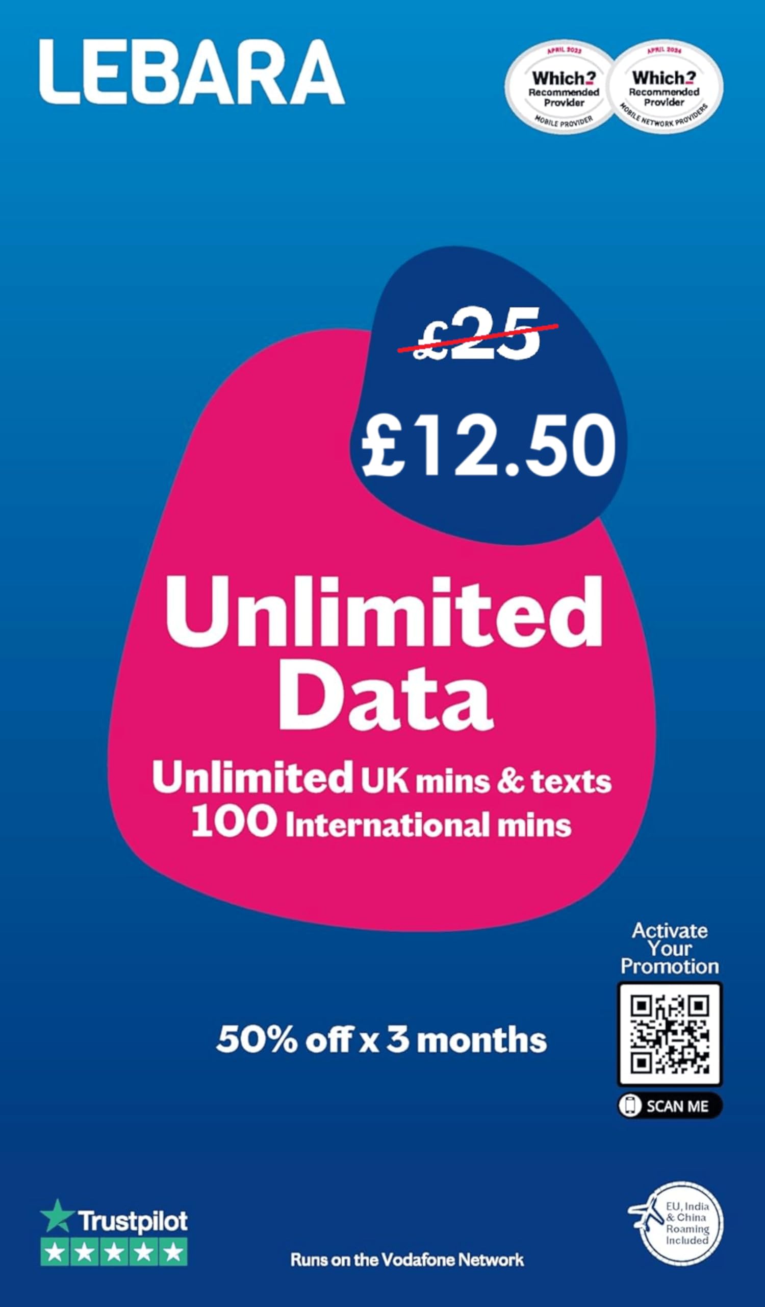 Sponsored Ad – Lebara Mobile SIM Card with Unlimited Data Plan for £12.50, Half Price for First 3 Months, No Contract, UK Calls, Texts, International Minutes, EU and India Roaming Included