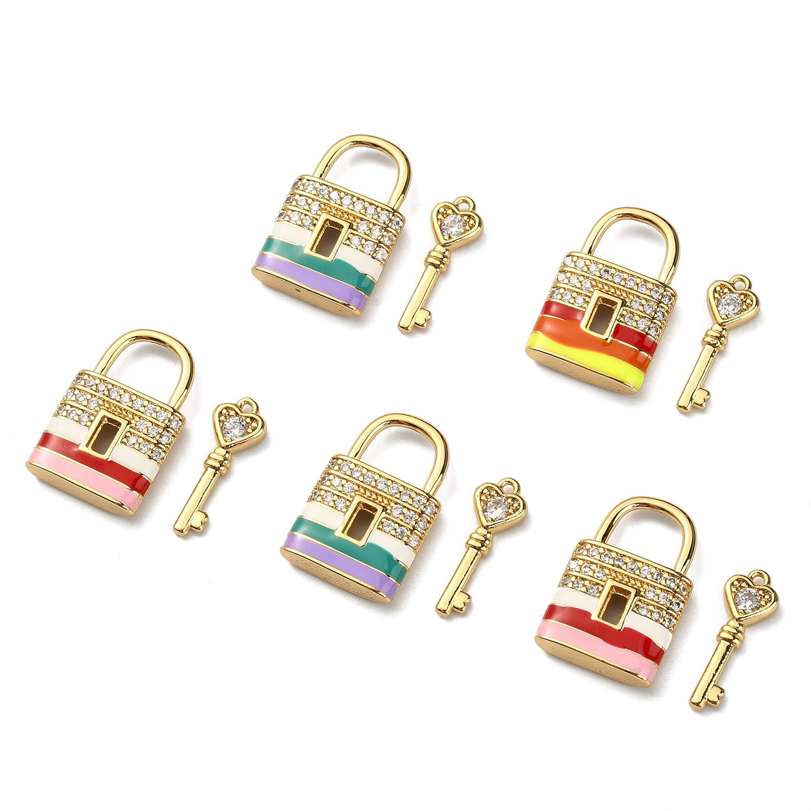 LiQunSweet 5 Sets Micro Pave Clear CZ Stone Cubic Zirconia Charms Enamel Lock Key Charm for Valentine Jewelry Making