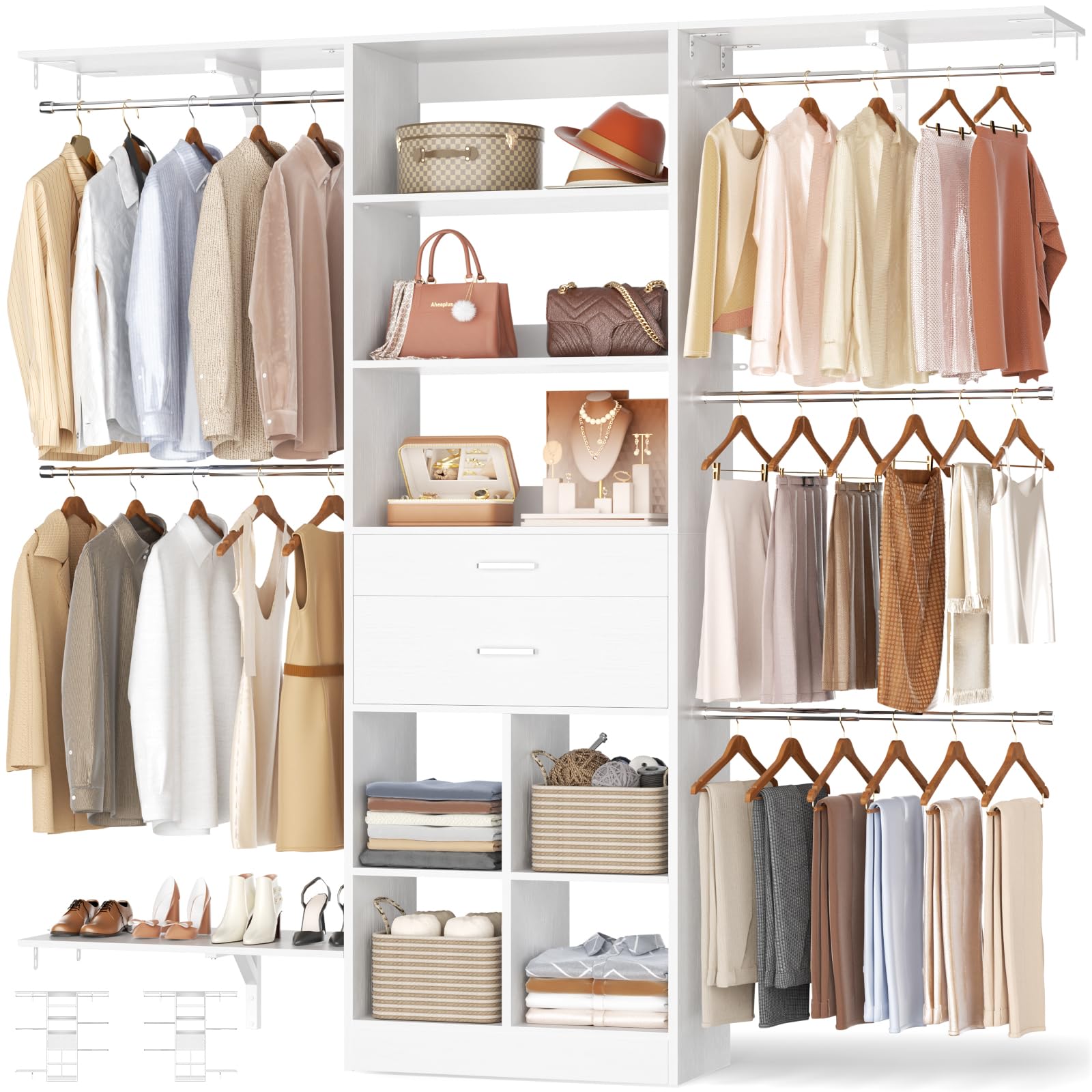 5FT Closet Organizer System with Wooden Drawers, 60 Inches Walk In Closet
