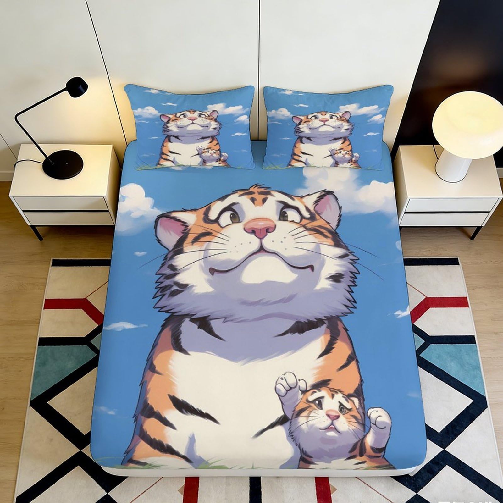 Uxinyoume Style-8 3D Printed Cartoon Tiger Fitted Sheet Microfiber Soft Blue Cute Cat Bed Sheet For Bedroom Dorm Mattress Decor 90X200x25cm
