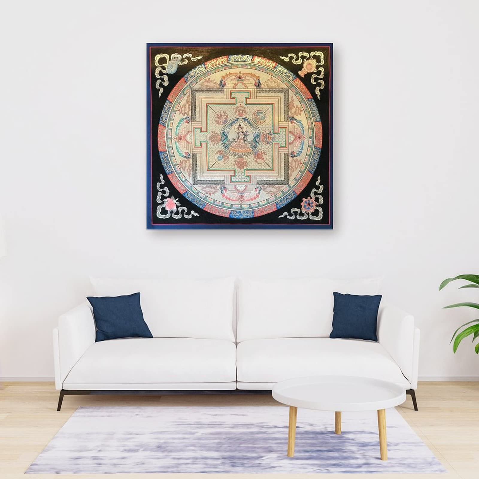 Poster su tela con mandala tara bianco con 8 simboli di buon auspicio buddismo religione meditazione, poster da parete arte moderna per la casa, 50 x 50 cm