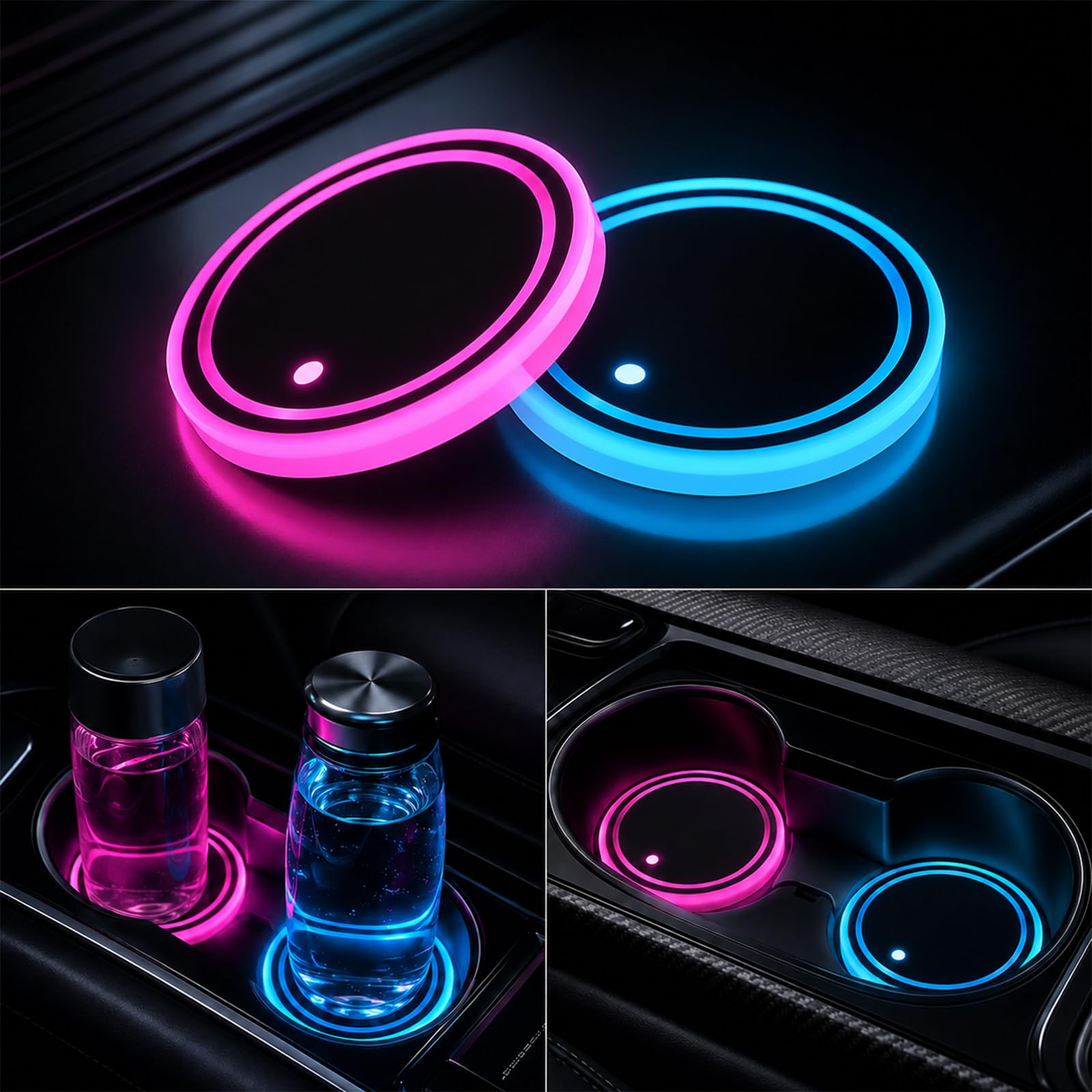 Photo 1 of Rdxcv 2PCS LED Cup Holder Lights for Car, 7 Color-Changing Light Up Cup Holder Coaster Waterproof Pad, USB Rechargeable LED Drink Mat Cool Interior Decoration for Most Vehicles (No Pattern)