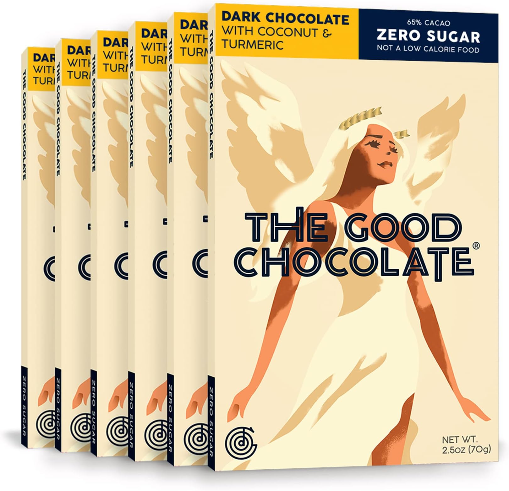 The Good ChocolateDark Chocolate with Coconut Turmeric Bar, Zero Sugar, Lower Net Carb Snack, Lower Calorie, Vegan Chocolate Bars, 6 Bar Value Pack