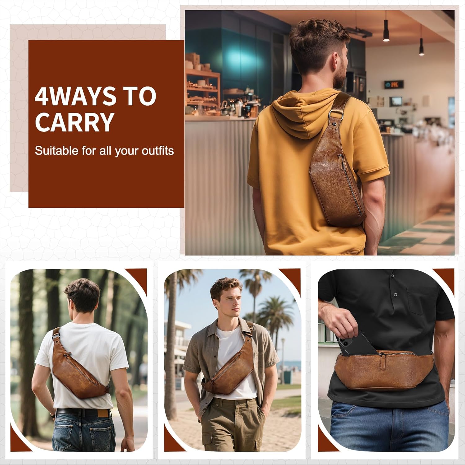 Soft Faux Leather Fanny Pack for Women & Men, Crossbody Waist Pack with Adjustable Strap, Large Pocket, Sturdy Zippers, for Hiking, Textured Brown - Image 7