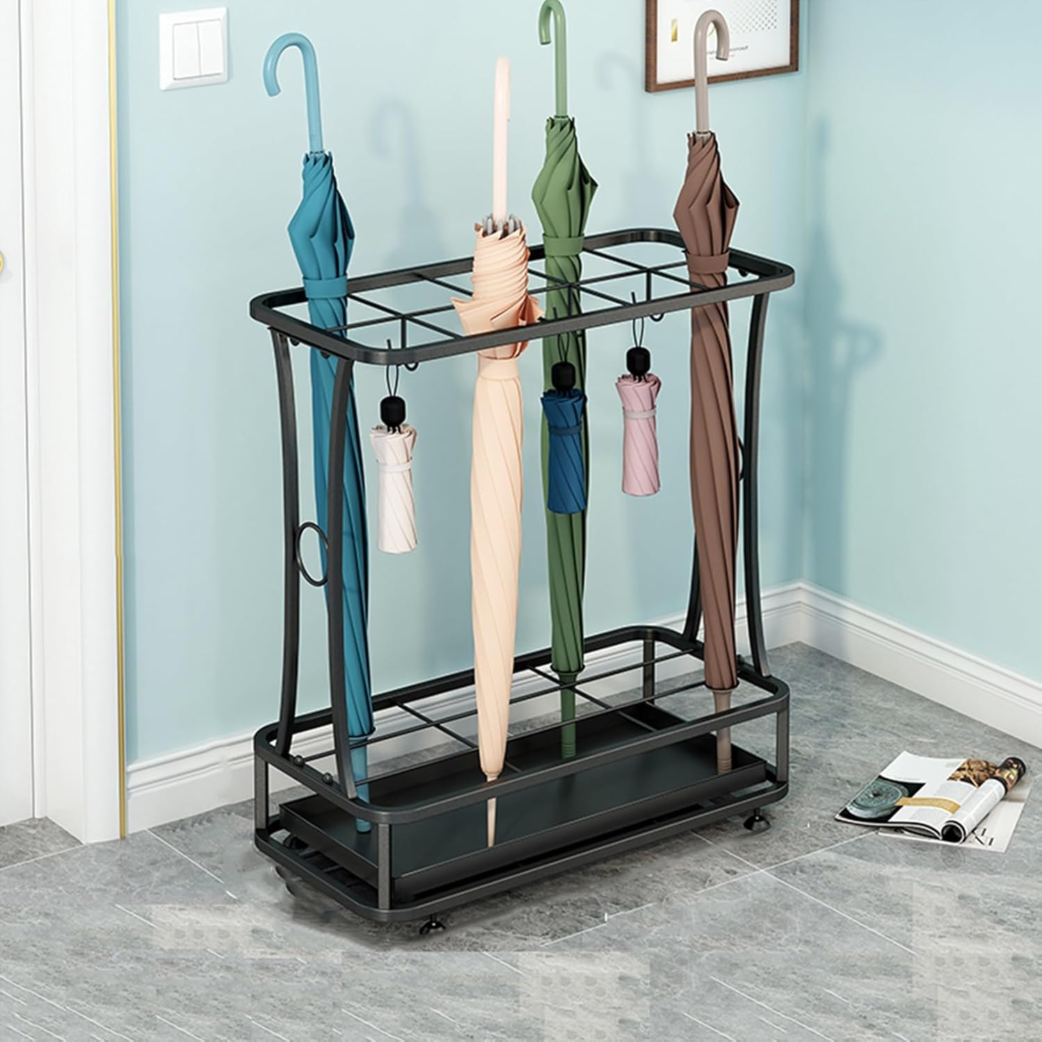 Commercial Organizer, Umbrella Rack Storage, Canes Walking Sticks Holder, with Removable Water Tray and 24 Hooks, Stored 45 Umbrellas 30KG Large Capacitya