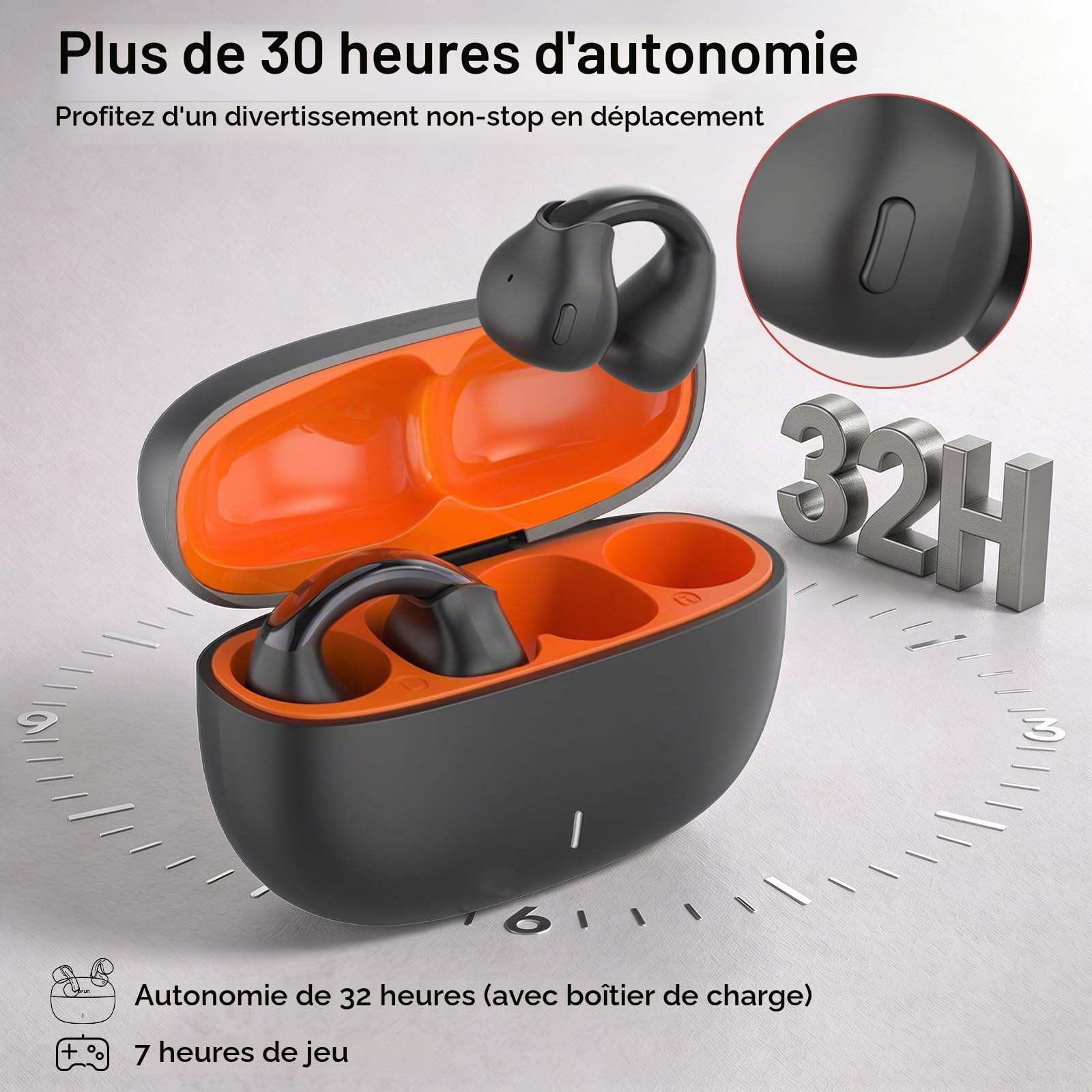 Écouteurs Bluetooth 6.0 à Clipser, Oreillettes Ouvertes avec Boutons physiques et Micro ENC antibruit, Maintien sécurisé pour la Course et l'entraînement, Son HiFi, autonomie 32h