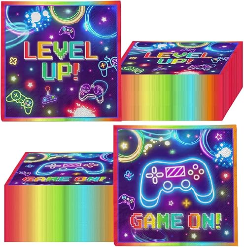 Decoraciones de fiesta de videojuegos, 40 servilletas desechables de neón para fiestas de videojuegos, para niños, niñas, jugadores, tema de