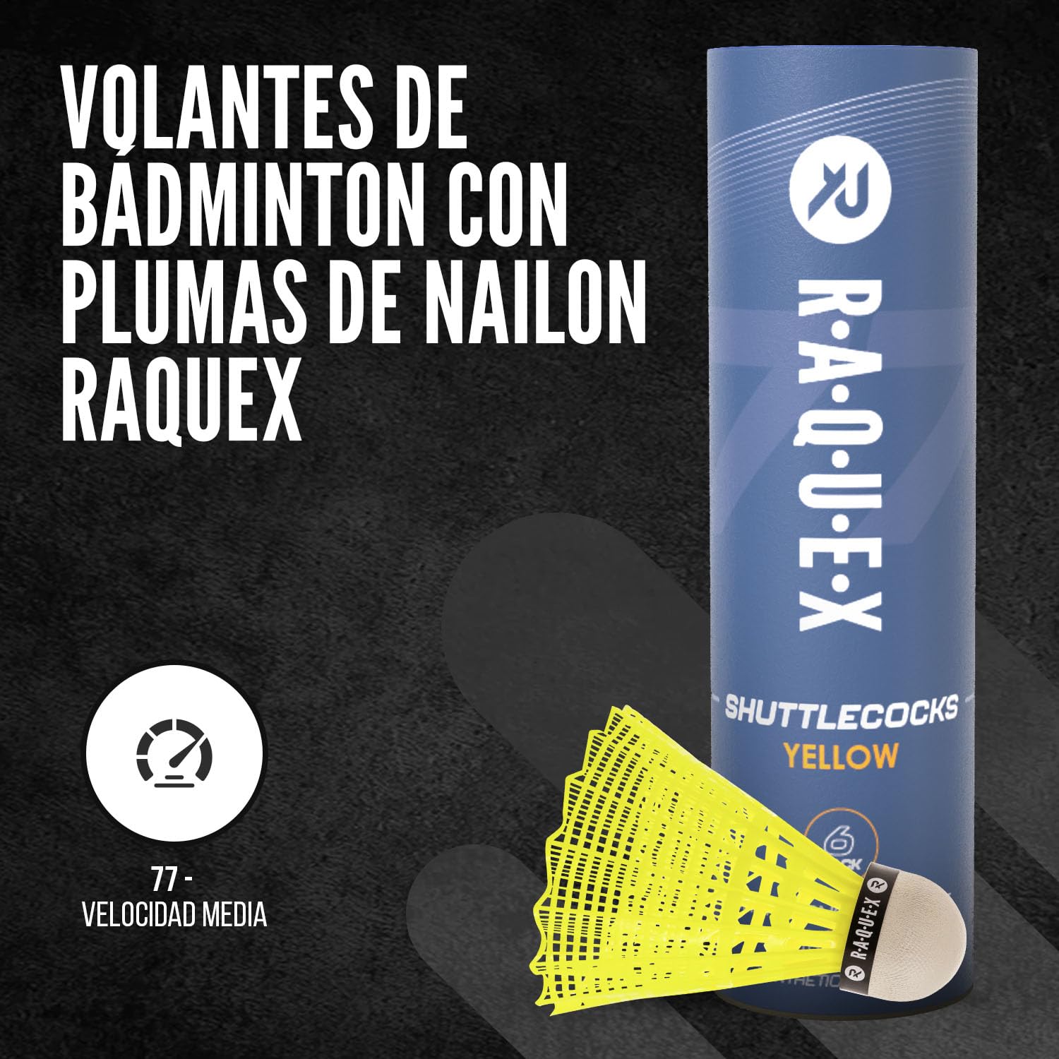 Raquex Tubo de 6 Volantes de Bádminton de Nailon y Corcho Natural, 3 Velocidades, Blanco/Amarillo