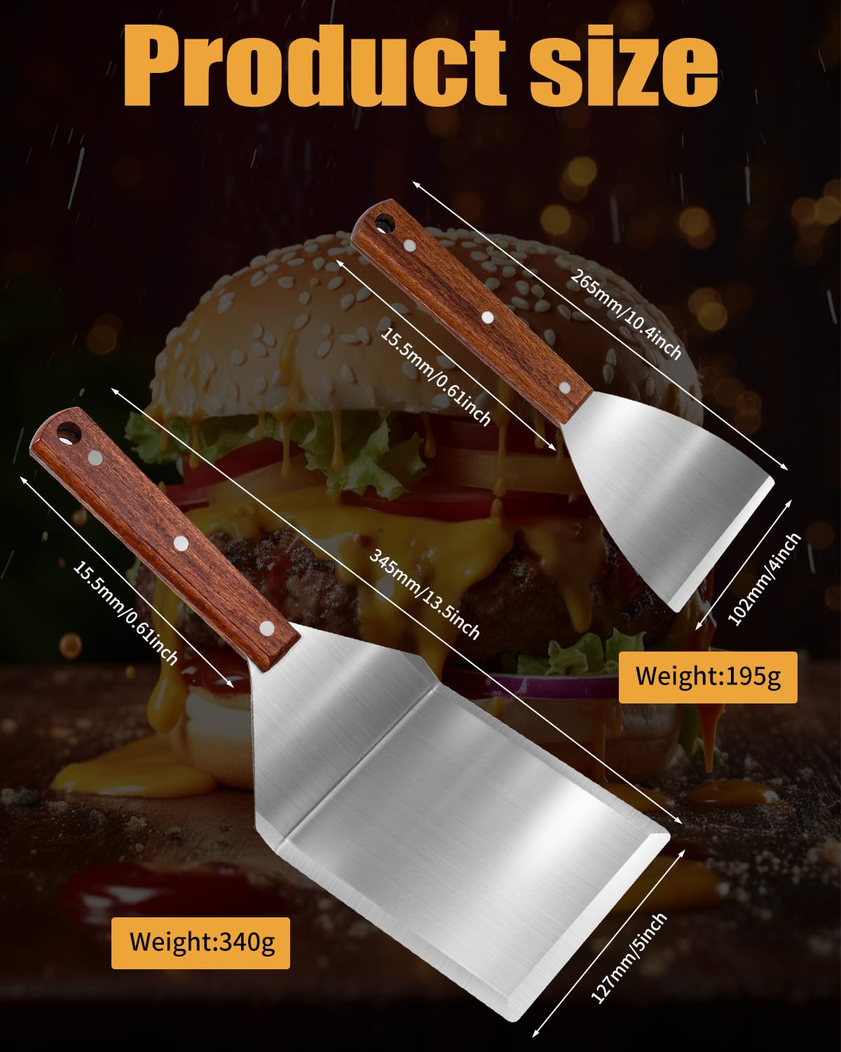 Set de Spatules Barbecue Acier Inoxydable avec Retourneur Grillades et Écraseur Burgers