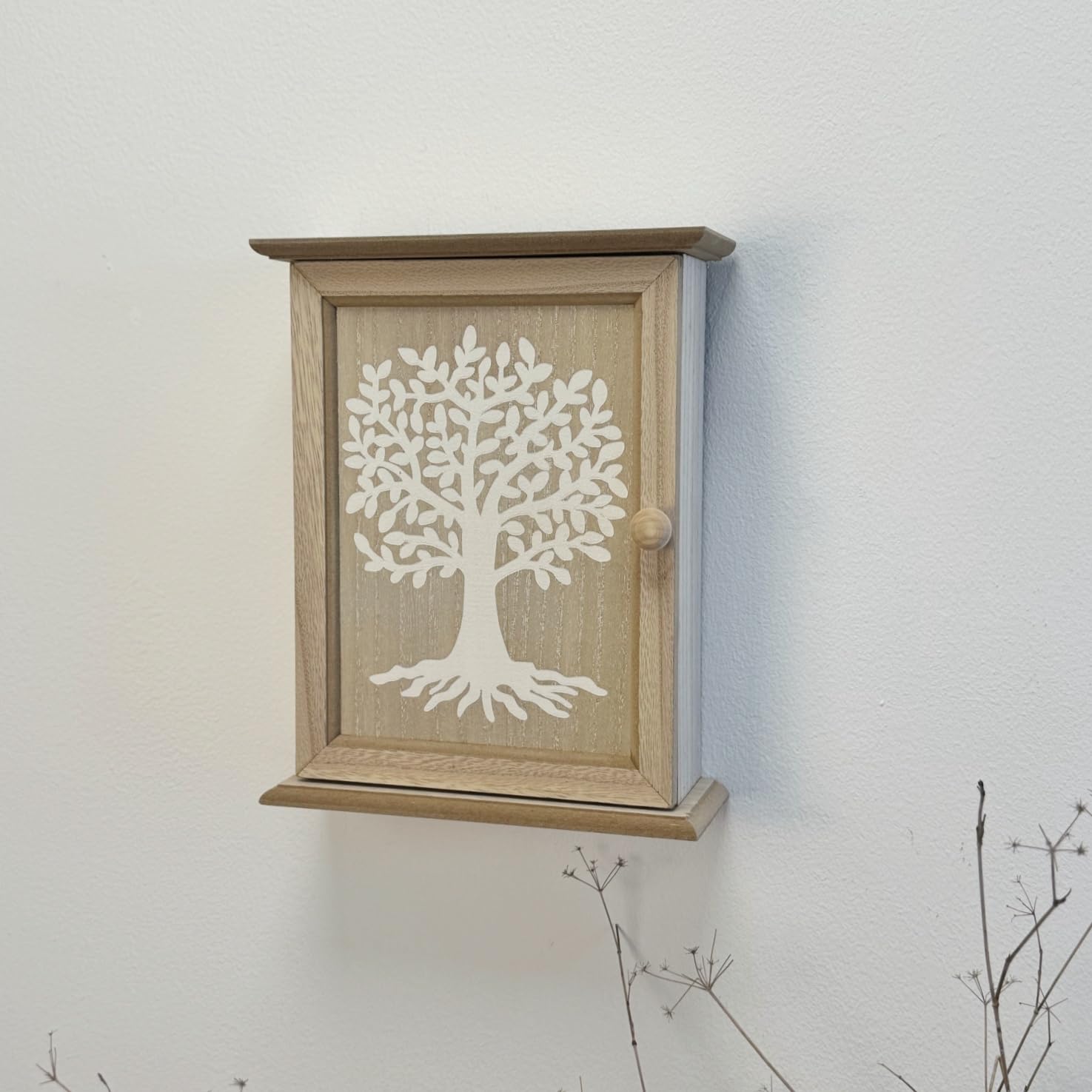 Caja Guardallaves de Madera Decorada Estilo Nórdico con 6 Colgadores de Pared -Arbol de la Vida
