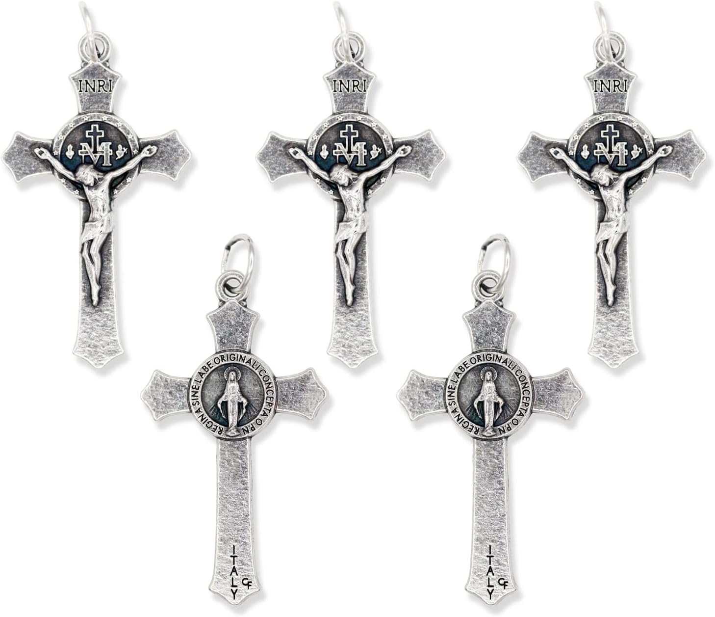Caritas et Fides Pack of 5 - Miraculous Medal Crucifixes for Rosary Making - 1.5" Silver Oxidized Bulk Rosary Making Supplies for Jewelry Making, Made in Italy