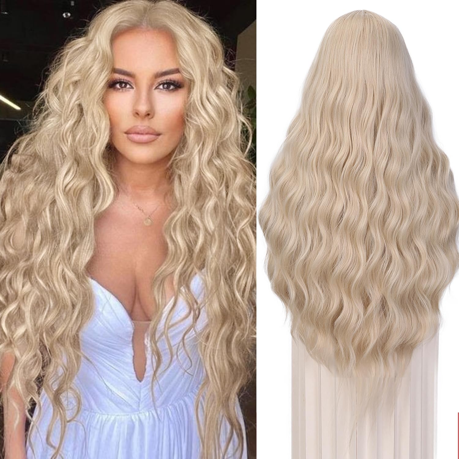 Quantum Love 28 Inches Curly Platinum Blonde Wig Long Wavy lace front Blonde Wig for Women Synthetic Middle Part Cosplay Wigs for Halloween Daily Party Use