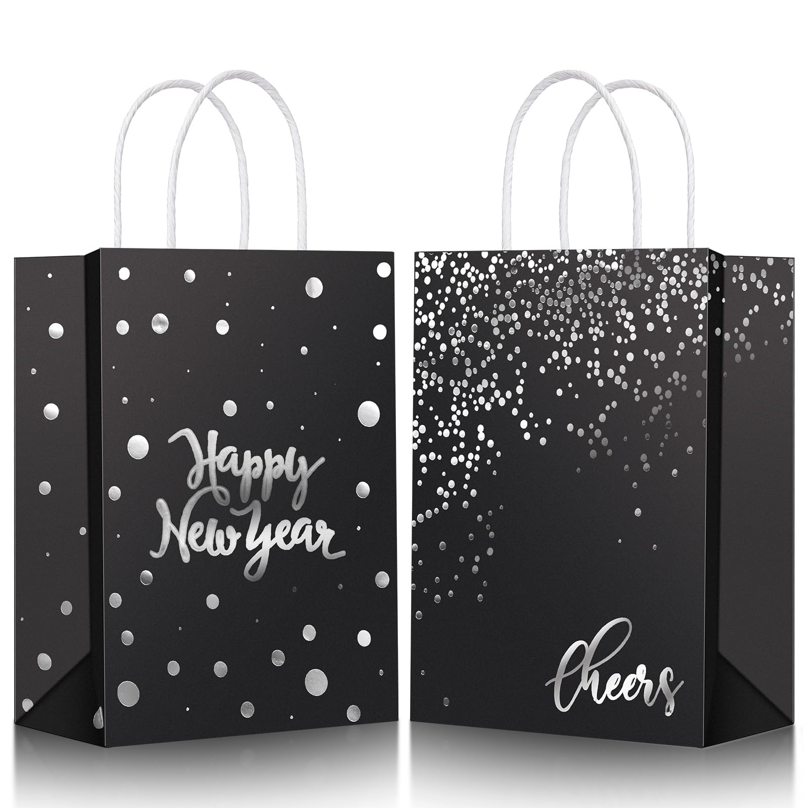 Zhanmai 36 Pcs Happy New Year Black Gift Bags Bulk with Handles 8.27 x 5.91 x 3.15 Inch Kraft Paper Bag Shopping Retail Bags New Year Party Favor for
