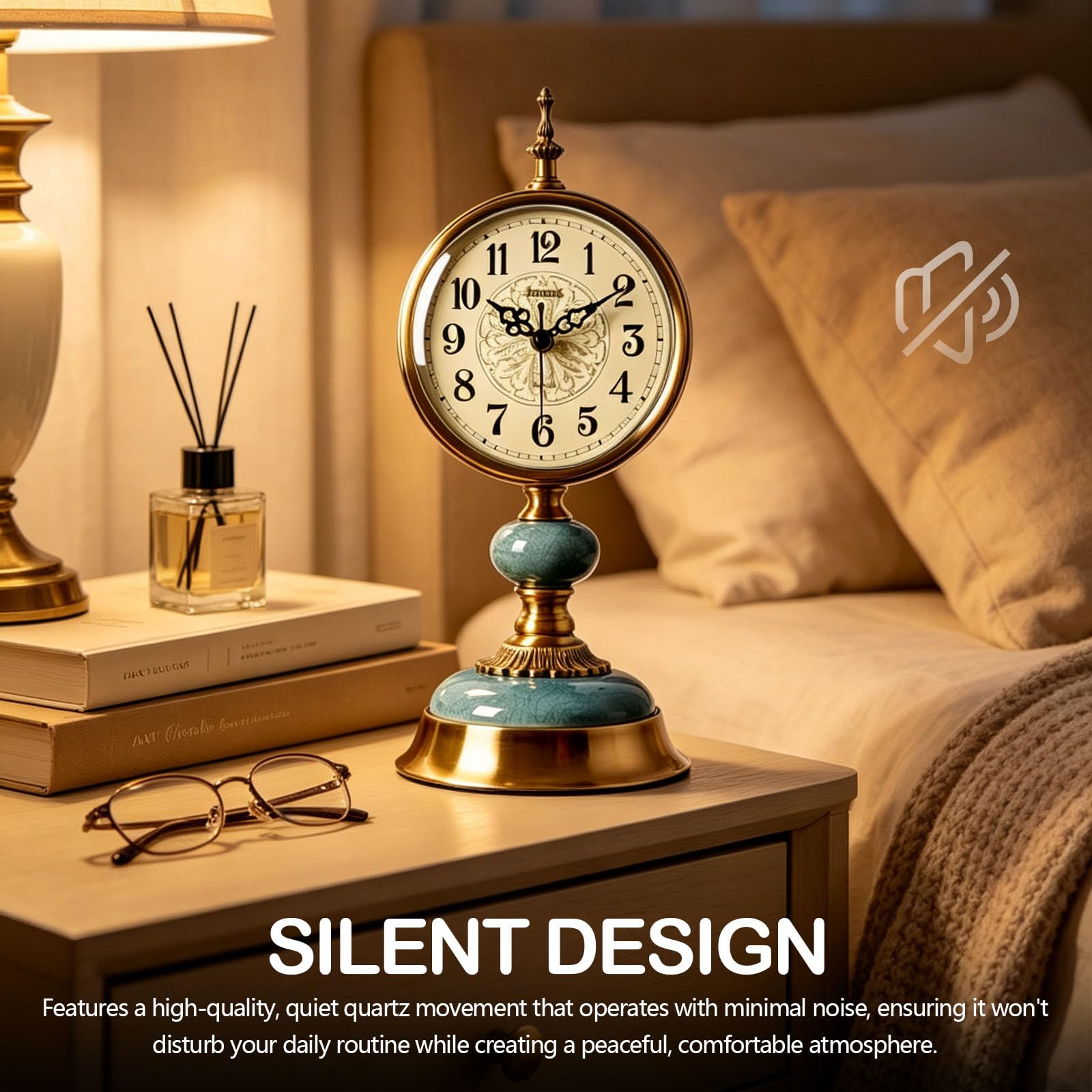 Vintage Tischuhr Standuhr, Antike Metall Schreibtischuhr Batteriebetrieben, Retro Stille Tischuhren ohne Ticken für Kaminsims Regal Wohnzimmer Tischdekoration Schlafzimmer Wohnzimmer Büro