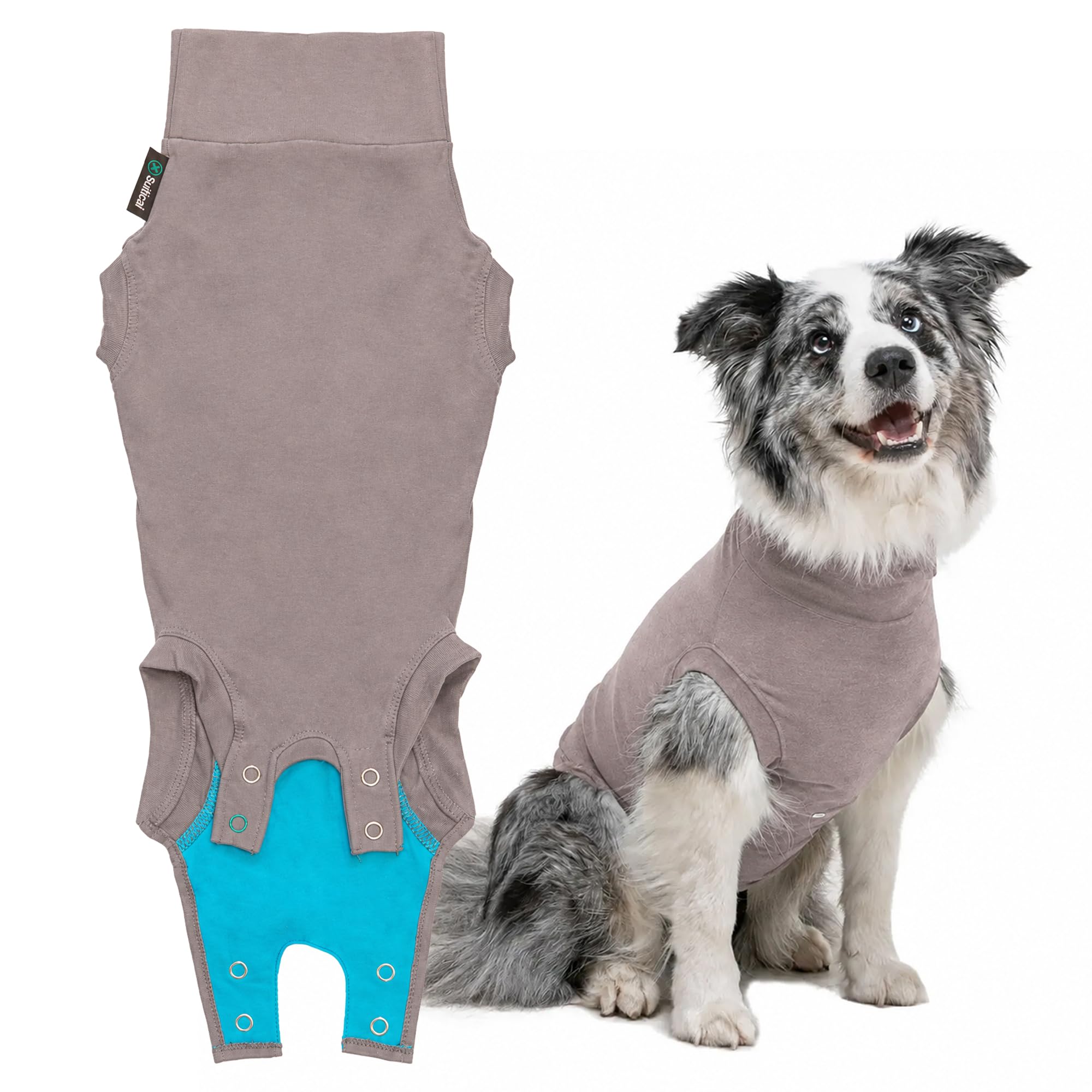 Suitical - The Original Dog Surgery Recovery Suit - Replace E-Collar & Cone - Spay, Neuter, Wounds, Prevent Licking - Medium+ - Neck to Tail 24–28.3in - Chest 29-39in - Weight 48-60lbs Sandstone Grey