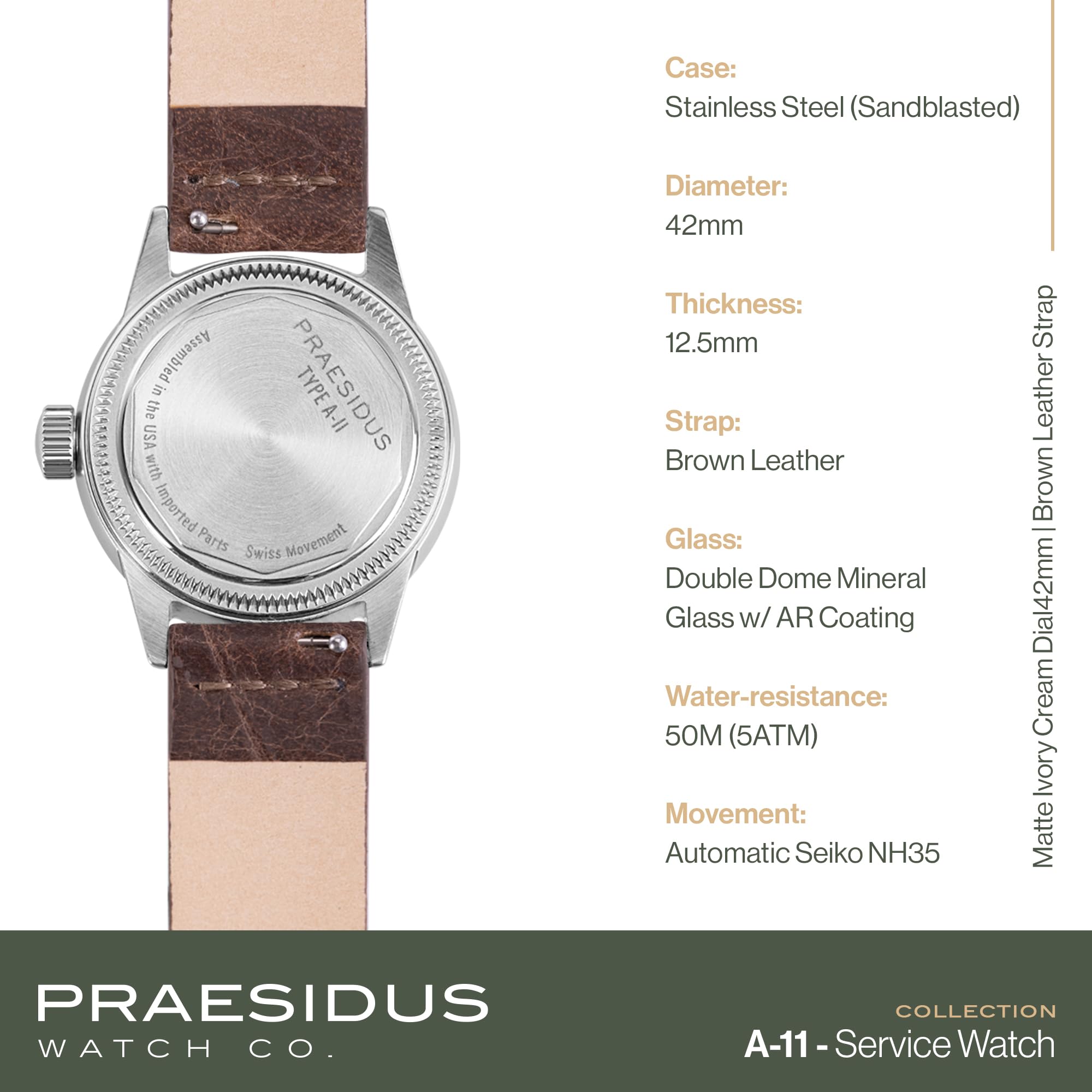 PRAESIDUS | 𝗔-𝟭𝟭 𝗦𝗲𝗿𝘃𝗶𝗰𝗲 𝗪𝗮𝘁𝗰𝗵 - Men's Wrist Watches - A11, Military - 38/42mm, Assembled in The USA | Automatic, WW2, Gifts for Men