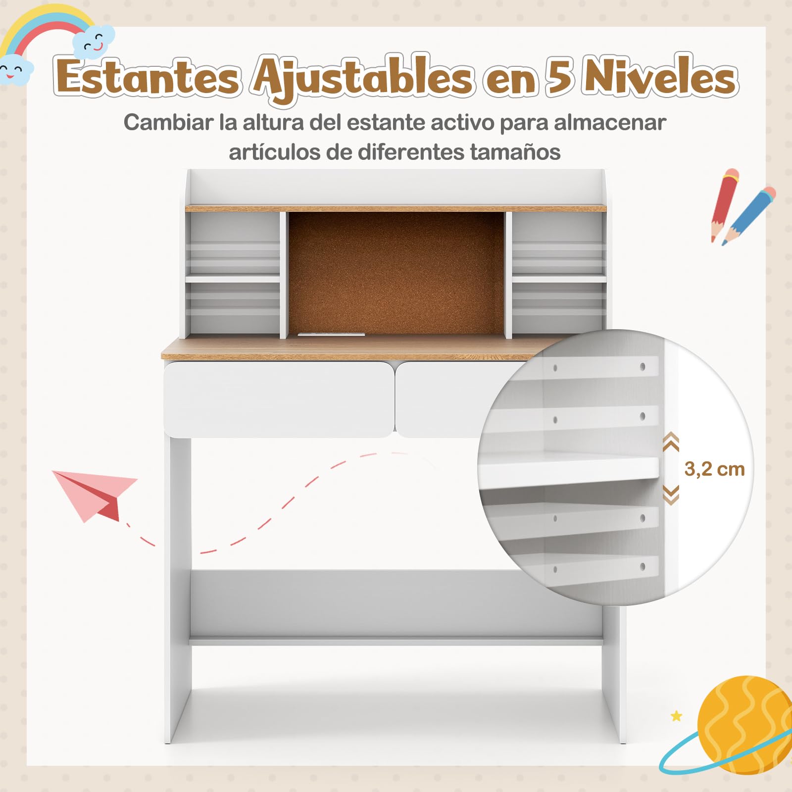 GOPLUS Escritorio Infantil con Estante, Mesa de Escritura con Tablero de Corcho y 2 Cajones, Estación de Carga y Estantes Ajustable en 5 Niveles, Escritorio Multifuncional para Estudiante de 8-12 Años
