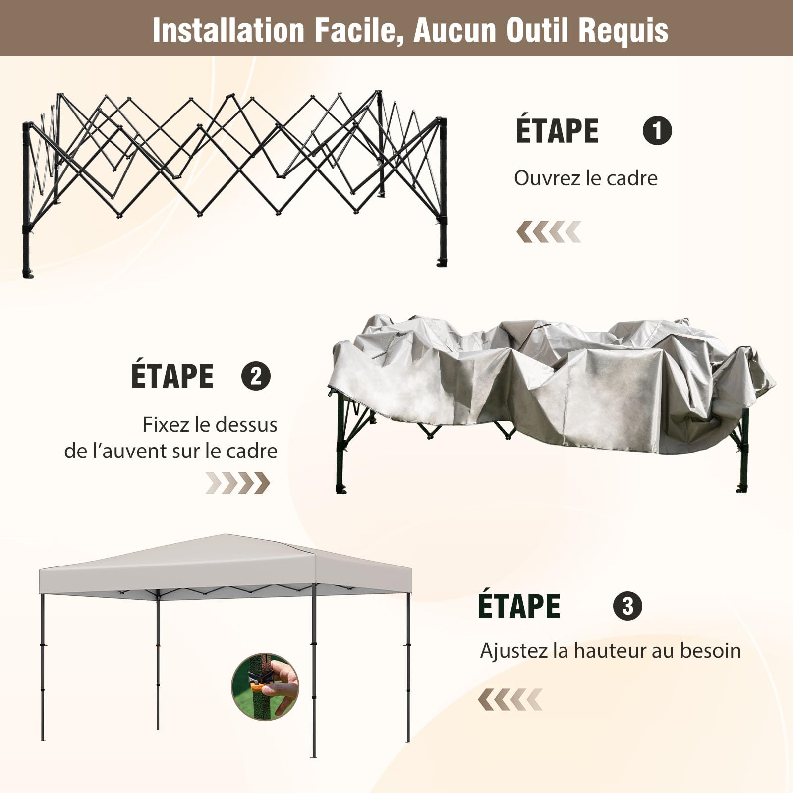 RELAX4LIFE Tonnelle Pliante 3,6 x 2,2 M Facile à Monter, Barnum Pliant pour Marché, Tissu Oxford Anti-UV, Hauteur Réglable, Sac de Transport, Tonnelle de Jardin Extérieur pour Réception Mariage(Beige)